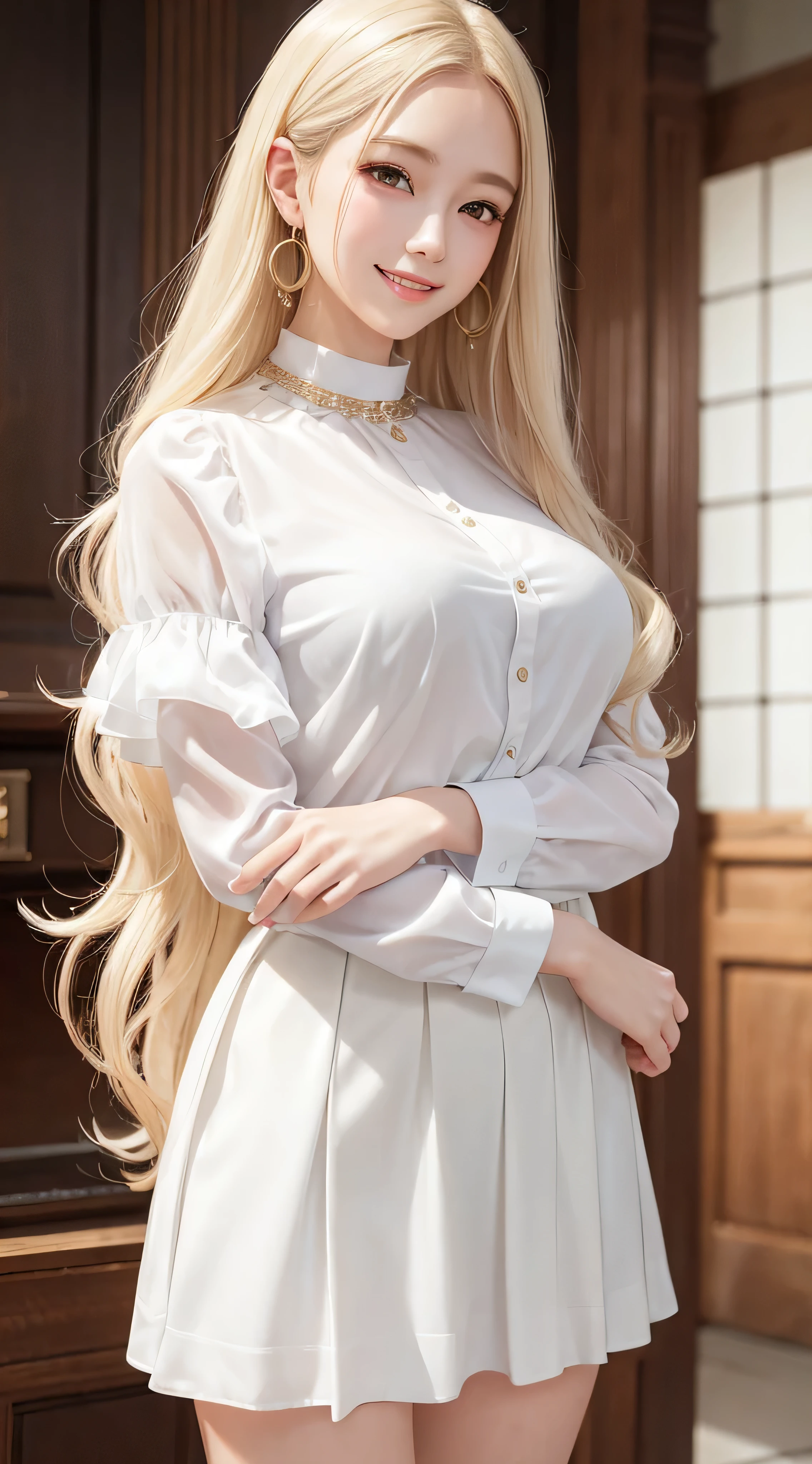 European and American women、Fashion Model、white blouse、white skirt、silk blouse、Wearing a white shirt and super miniskirt、White shirt with frills、Glamour、She was photographed by paparazzi、gold necklace_Large earrings、super long blonde hair、loose wavy hair、brown eyes、8K、High resolution、masterpiece、最High resolution、HD、very detailed、voluminous lighting、photorealistic、((shy smile:1.3))、