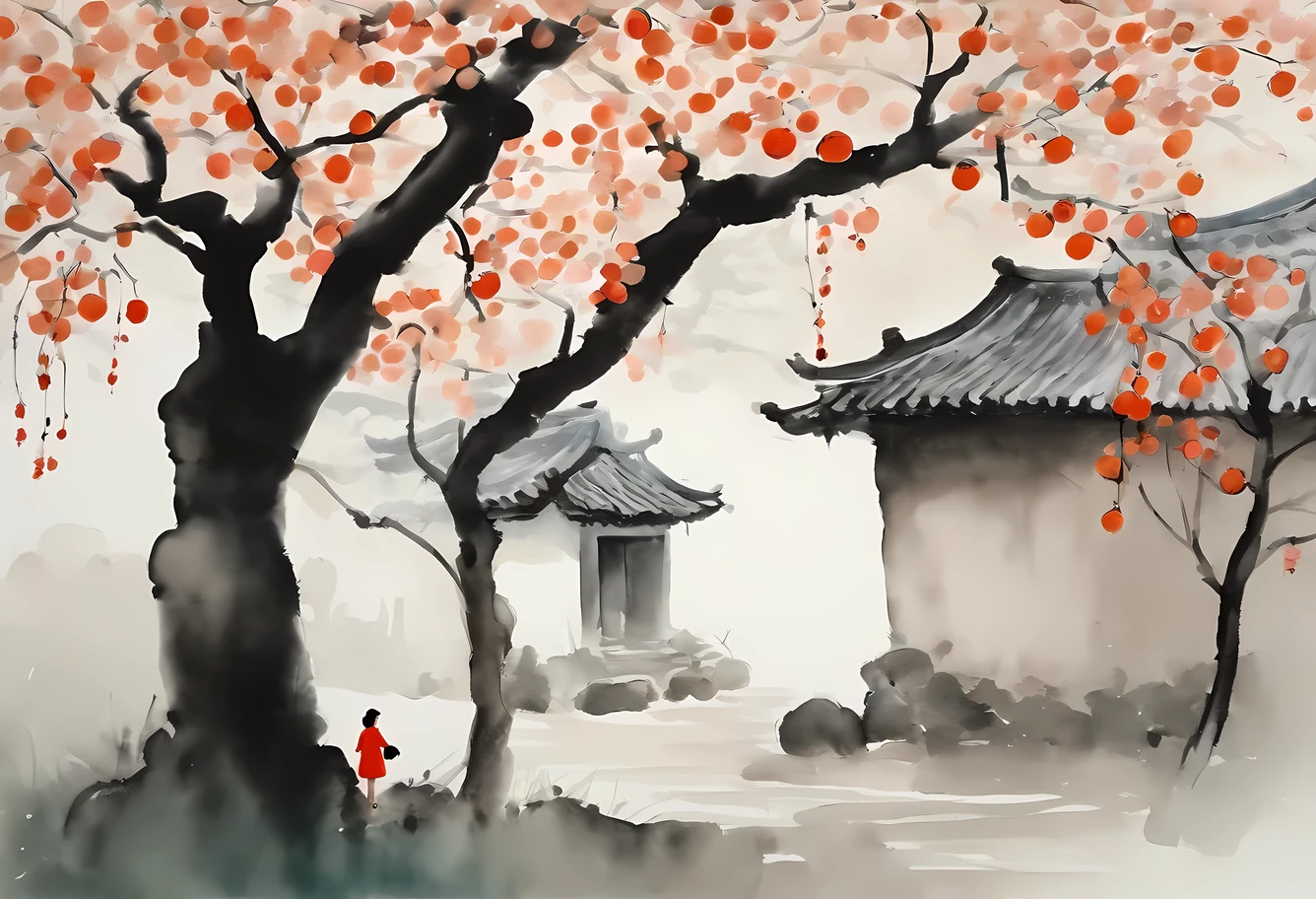 The work is inspiRed by Wu Guanzhong’s watercolor paintings，Depicts two  girls admiring a persimmon tree。This work is reminiscent of modern European ink painting and Chinese ink painting styles，Capturing the essence of traditional Chinese ink art。The background is a small tree coveRed with persimmons，Two little playing under the plum tree near the old house。The white base paper background adds simplicity and charm to the composition。Pink color palette、Red、Black、purple、blue、and green features，create a vibrant、festive atmosphere，Reminiscent of Chinese New Year
