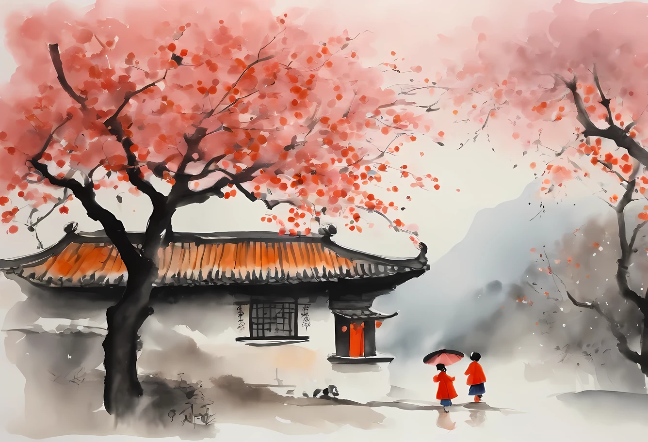 The work is inspiRed by Wu Guanzhong’s watercolor paintings，Depicts two little girls admiring a persimmon tree。This work is reminiscent of modern European ink painting and Chinese ink painting styles，Capturing the essence of traditional Chinese ink art。The background is a small tree coveRed with persimmons，Two little girls playing under the plum tree near the old house。The white base paper background adds simplicity and charm to the composition。Pink color palette、Red、Black、purple、blue、and green features，create a vibrant、festive atmosphere，Reminiscent of Chinese New Year
