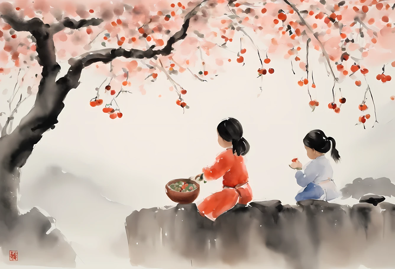 The work is inspiRed by Wu Guanzhong’s watercolor paintings，Depicts two little girls admiring a persimmon tree。This work is reminiscent of modern European ink painting and Chinese ink painting styles，Capturing the essence of traditional Chinese ink art。The background is a small tree coveRed with persimmons，Two little girls playing under the plum tree near the old house。The white base paper background adds simplicity and charm to the composition。Pink color palette、Red、Black、purple、blue、and green features，create a vibrant、festive atmosphere，Reminiscent of Chinese New Year
