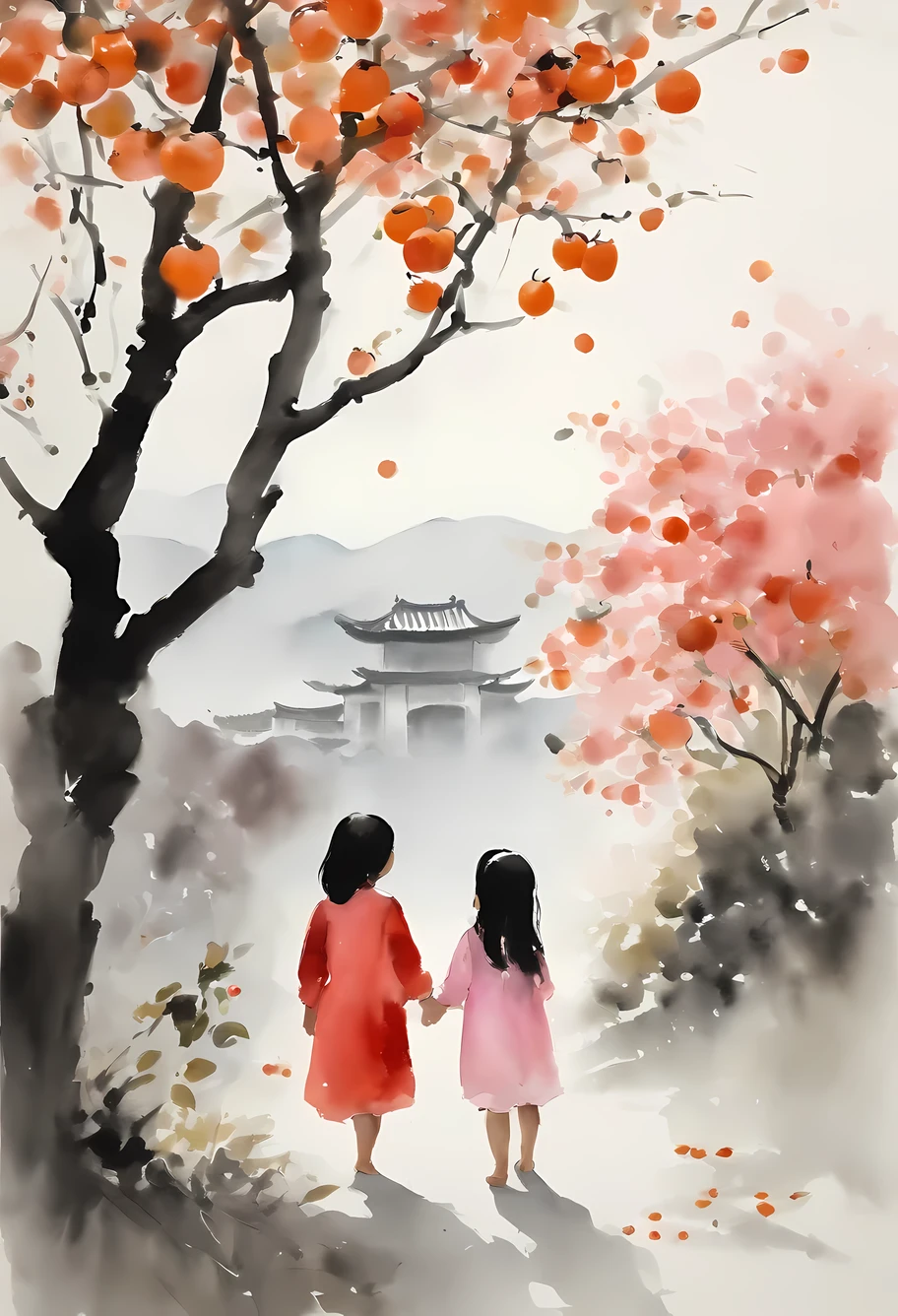 The work is inspiRed by Wu Guanzhong’s watercolor paintings,Depicts two little girls admiring a persimmon tree。This work is reminiscent of modern European ink painting and Chinese ink painting styles,Capturing the essence of traditional Chinese ink art。The background is a small tree coveRed with persimmons,Two little girls playing under the plum tree near the old house。The white base paper background adds simplicity and charm to the composition。Pink color palette、Red、Black、purple、blue、and green features,create a vibrant、festive atmosphere,Reminiscent of Chinese New Year