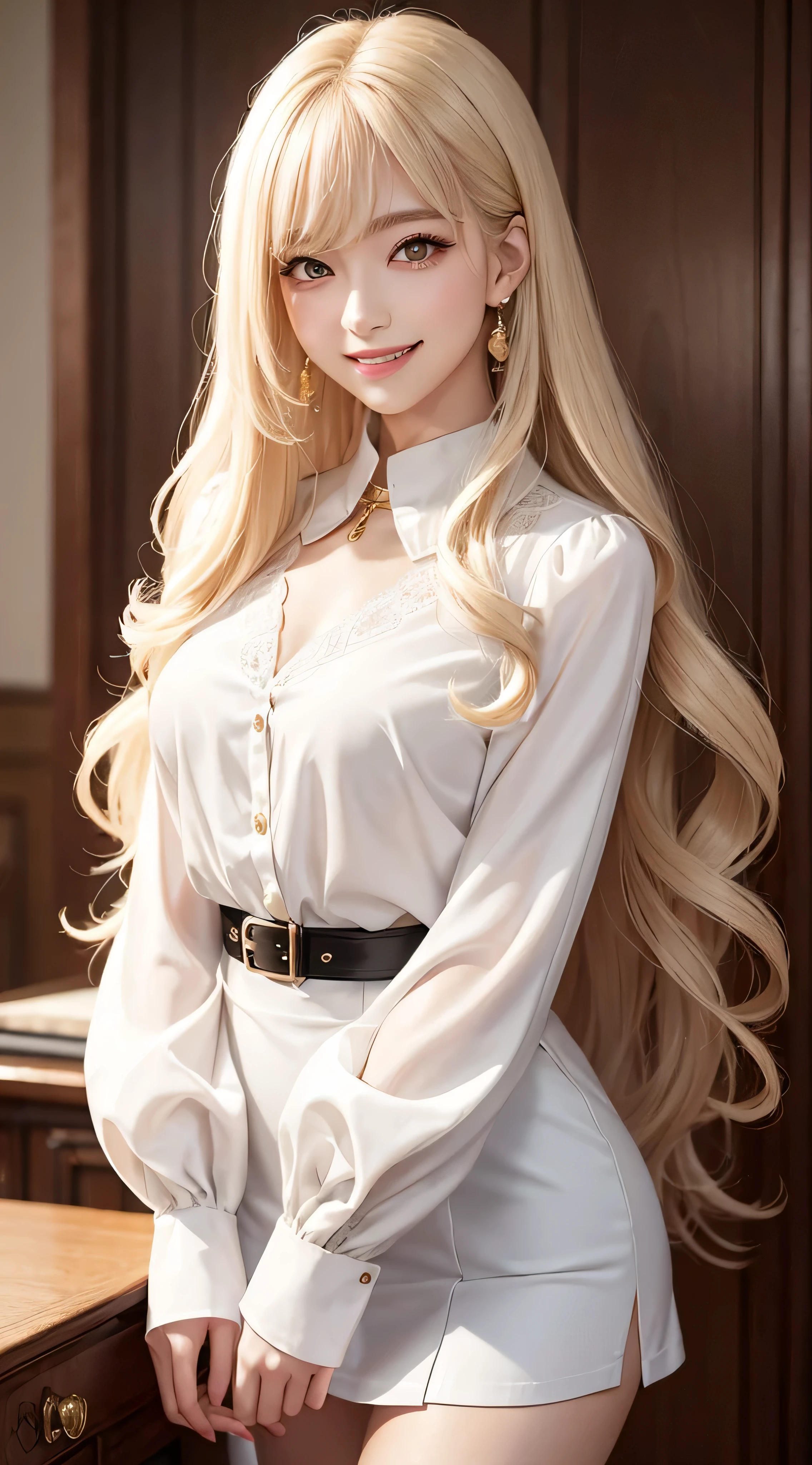 foreign women、Fashion Model、White blouse with collar、white skirt、silk blouse、white shirt&super mini skirt、white shirt with frills、puffy sleeves、Glamour、paparazzi shooting、gold necklace_Large earrings、super long blonde、loose wavy hair、hair above one eye、brown eyes、8K、High resolution、masterpiece、最High resolution、HD、very detailed、voluminous lighting、photorealistic、((shy smile:1.3))、