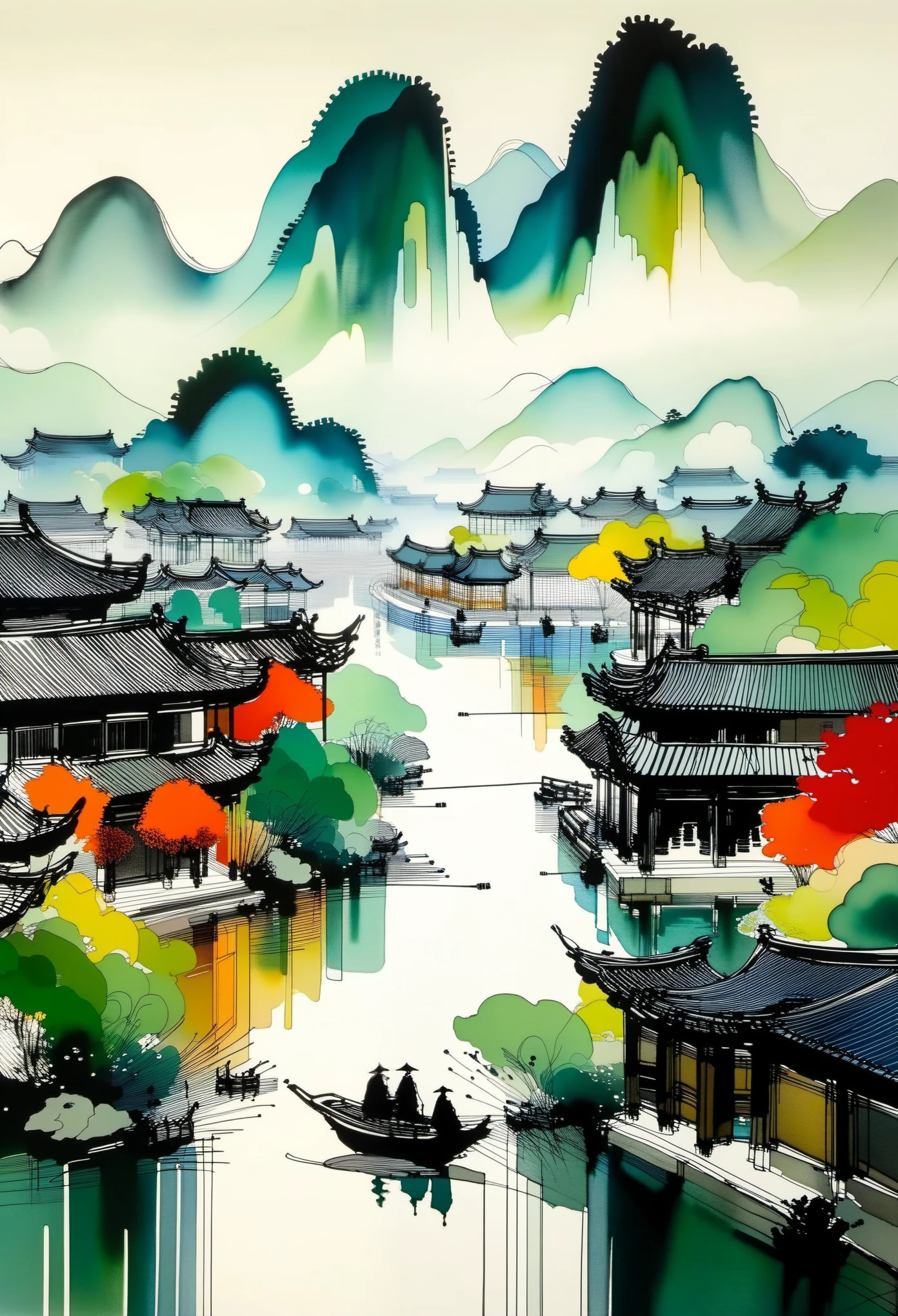 Geometric abstract ink,Describe the Jiangnan landscape architectural complex,Wu Guanzhong's style is an artistic expression that merges traditional Chinese ink techniques with Western painting concepts. It is characterized by modern interpretations of traditional themes, creating unique visual effects through color and line.