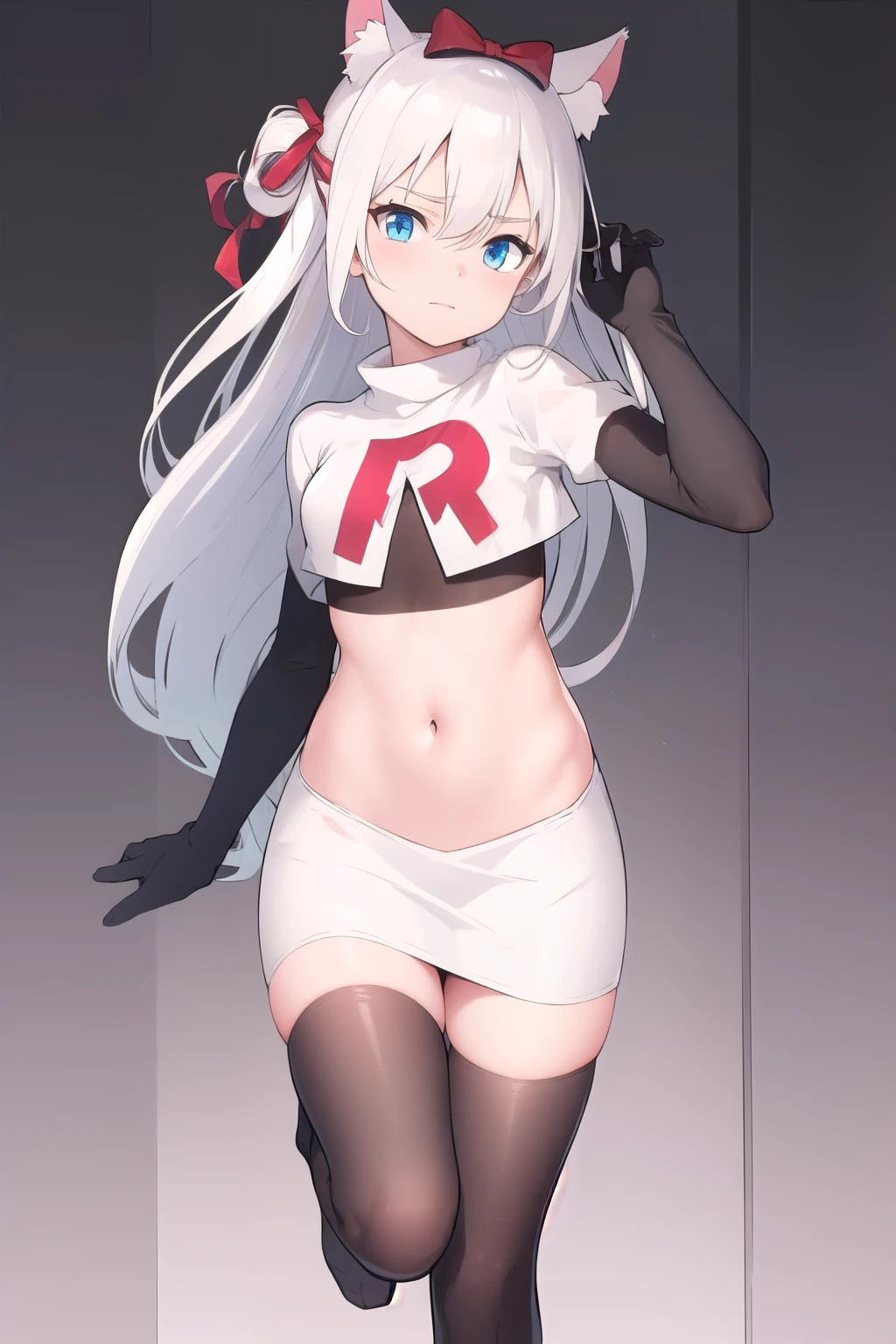 (masterpiece, best quality:1.2),illustration,8k,hd,1girl,solo,long_hair,animal_ears,cat_ears,blue_eyes,bow,bangs,hair_bow,white_hair,very_long_hair,ribbon,breasts,hair_ribbon,small_breasts,hair_ornament,hair_between_eyes,red_bow,team rocket,team rocket uniform,white skirt,red letter R,crop top,black thigh-highs,black elbow gloves
