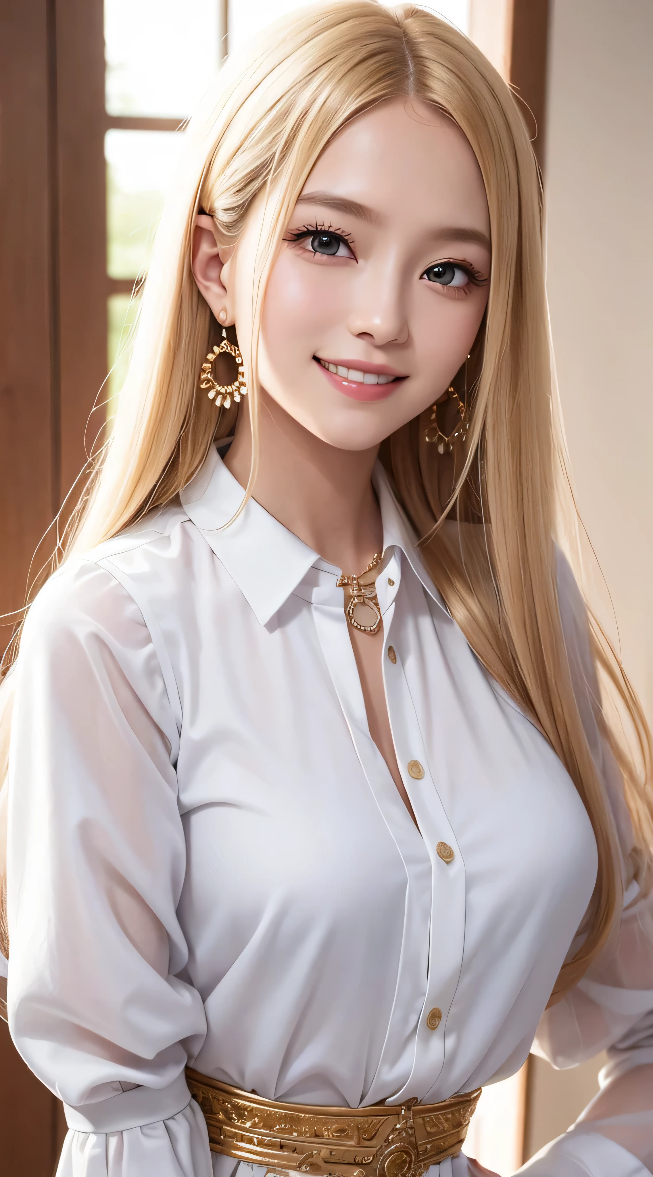 foreign women、Fashion Model、White blouse with collar、white skirt、silk blouse、white shirt&super mini skirt、white shirt with frills、puffy sleeves、Glamour、paparazzi shooting、gold necklace_Large earrings、super long blonde、loose wavy hair、hair above one eye、brown eyes、8K、High resolution、masterpiece、最High resolution、HD、very detailed、voluminous lighting、photorealistic、((shy smile:1.3))、