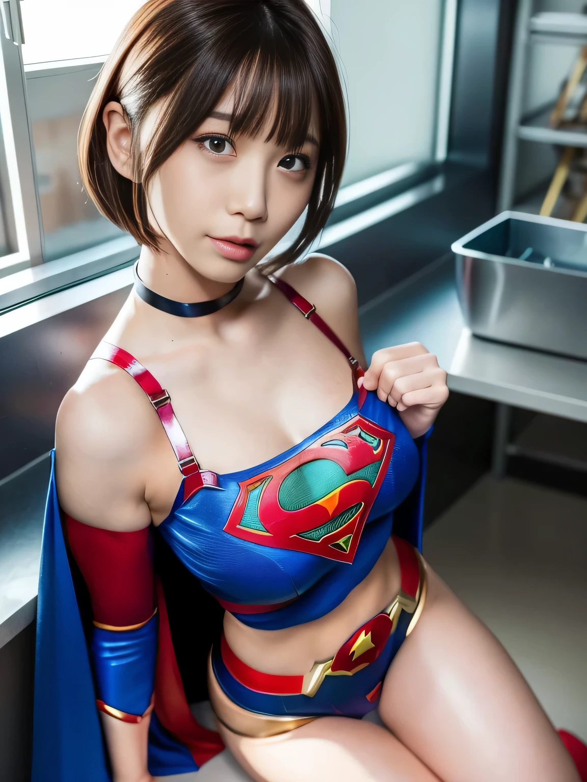 masterpiece、supergirl costume、short hair、barefoot、big and full breasts、human experiment subjects、Research room、operating table、Crisis situation、emphasize the chest、choker、shiny、looking at camera、Seduce、choker、long sleeve、high leg bloomers、sexy pose、model body shape、realistic