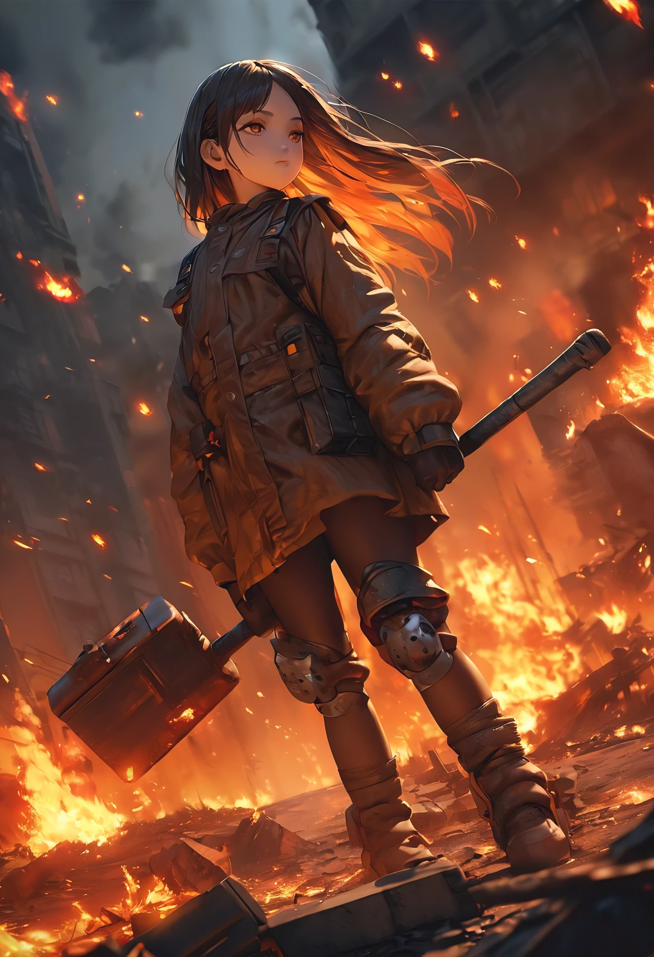 Realistic anime style and figure-like texture, stand in the midst of destruction、A 10-year-old girl with a delicate figure and a large mechanical hammer., dark military style costume, apocalyptic violent destruction, high quality, High resolution, Center framing, Girl in the center with a big hammer on the right, low angle shot, full body shot, Three-quarter view from the back, Dramatic lighting with fire and embers, fire and embers effect, warm colors, fiery apocalyptic atmosphere, Evening or night, Close-up and realistic live-action of 3D characters