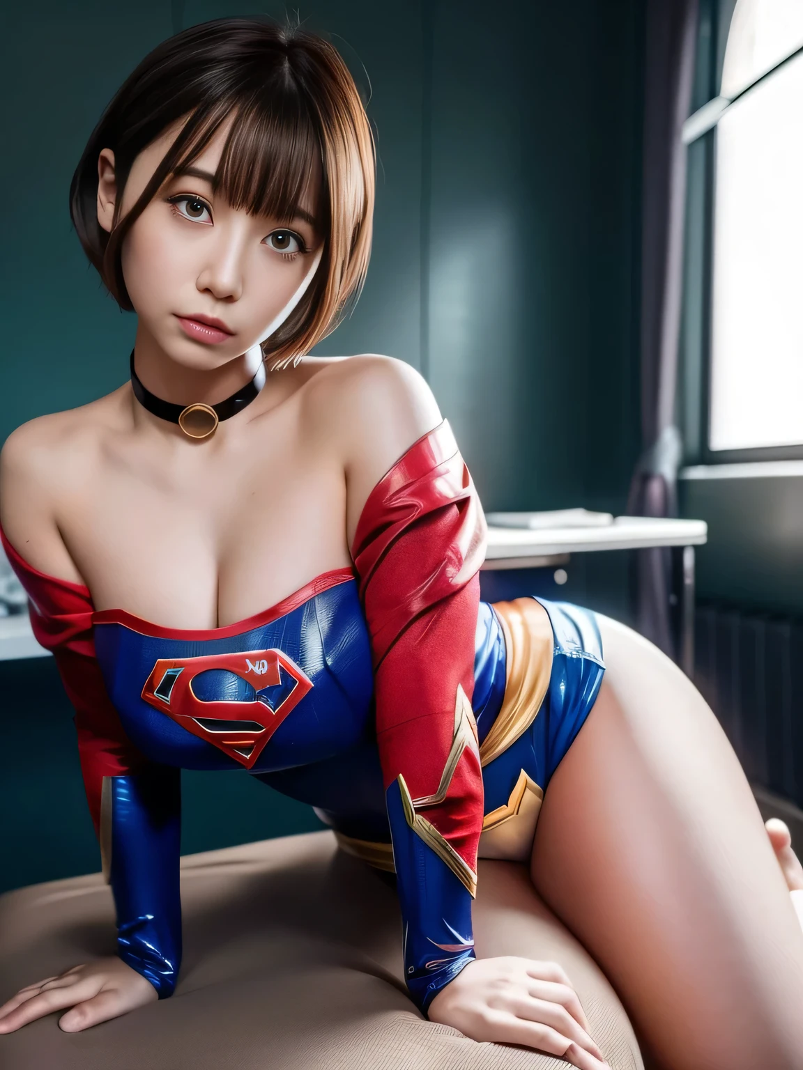 masterpiece、supergirl costume、short hair、barefoot、big and full breasts、human experiment subjects、Research room、operating table、Crisis situation、humble、choker、shiny、looking at camera、Seduce、choker、long sleeve、red sexy pose、model body shape、from right in front、realistic