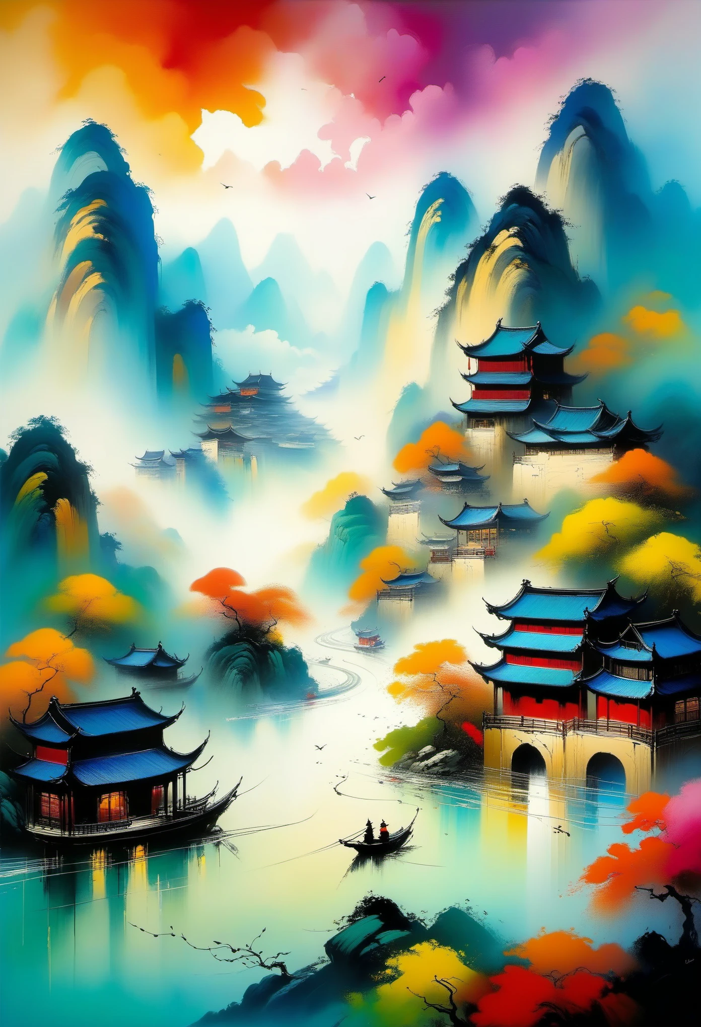 Wu Guanzhong's style, vibrant colors, bold brushwork, unique perspectives, picturesque landscapes, traditional Chinese painting techniques, Western elements, tranquil natural scenery, mountains, rivers, villages, serene atmosphere, harmonious composition, expressive brushstrokes, dynamic energy, poetic beauty, artistic fusion, cultural integration, evocative emotions, masterful craftsmanship, captivating details, exquisite artistry, immersive experience, depth of field, immersive colors, ethereal lighting, magical ambiance (best quality,high-res,masterpiece:1.2), ultra-detailed, realistic renderings:1.37, professional artistry, vivid colors, vibrant palette, expressive lines, captivating contrasts, artistic movement, dynamic compositions, narrative storytelling, visual poetry.