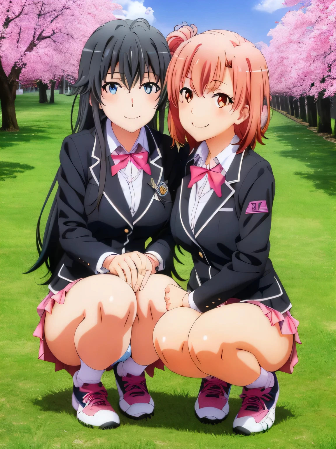 (2 girls) Yukinoshita Yukino , (Yukinoshita Yukino white lace panties). Yuigahama Yui ,(Yuigahama Yui&#39;Pink lace pants), Cherry-blossom viewing, uniform,,(black blazer),shirt,Yuigahama Yui has big breasts,Yuigahama Yui opens her mouth,(check skirt:1.0)),((shiny panties)),(pin up),squat,thighs,knees,calf,white socks,pink sneakers,whole body,smile,from the front,high quality