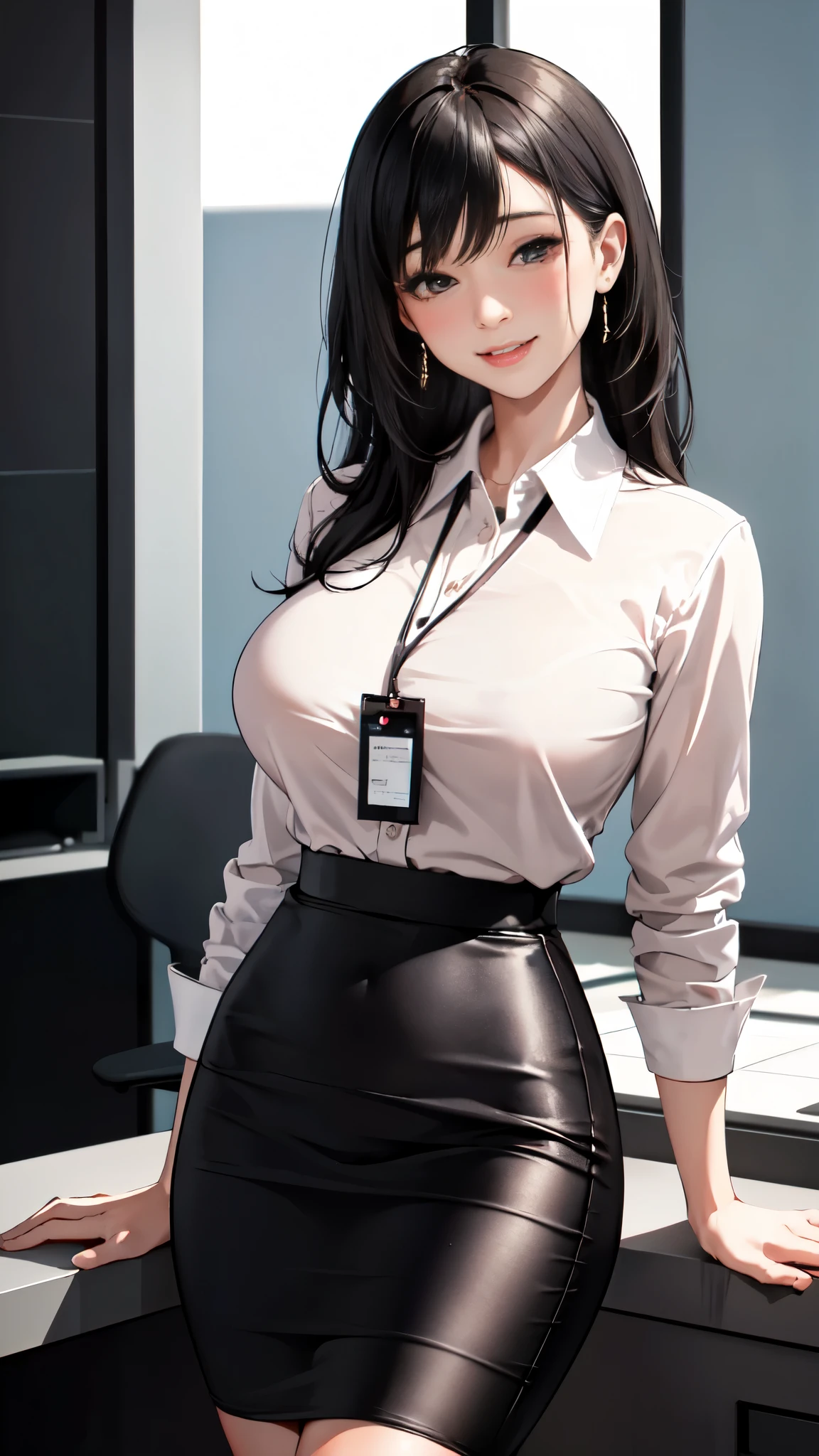 /(indoor modern office/), Limited to 1 female, /(casual shirt pencil skirt/) ID card, /(black hair/) bangs, A gentle smile with a blush, (A masterpiece of the highest quality:1.2) super detailed, big breasts