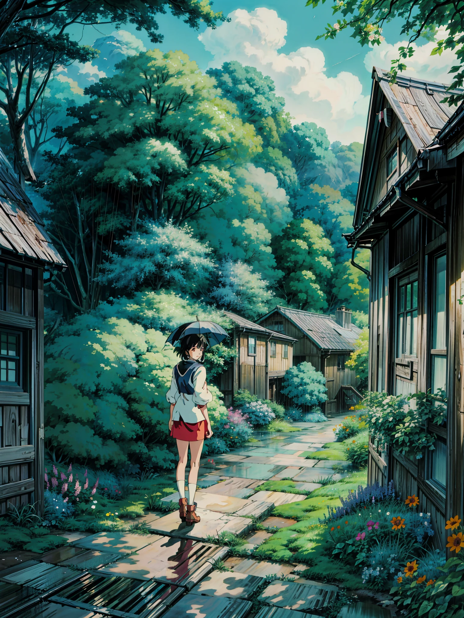 a painting of an alley in the rain, anime scenery, anime. flowers, Meadows, filled with flowers, by makoto shinkai, anime nature wallpap, anime background art, anime background, alena aenami and artgerm, anime atmospheric, anime movie background, anime nature, colorful anime movie background, anime landscape, in style of atey ghailan, style of makoto shinkai, no human