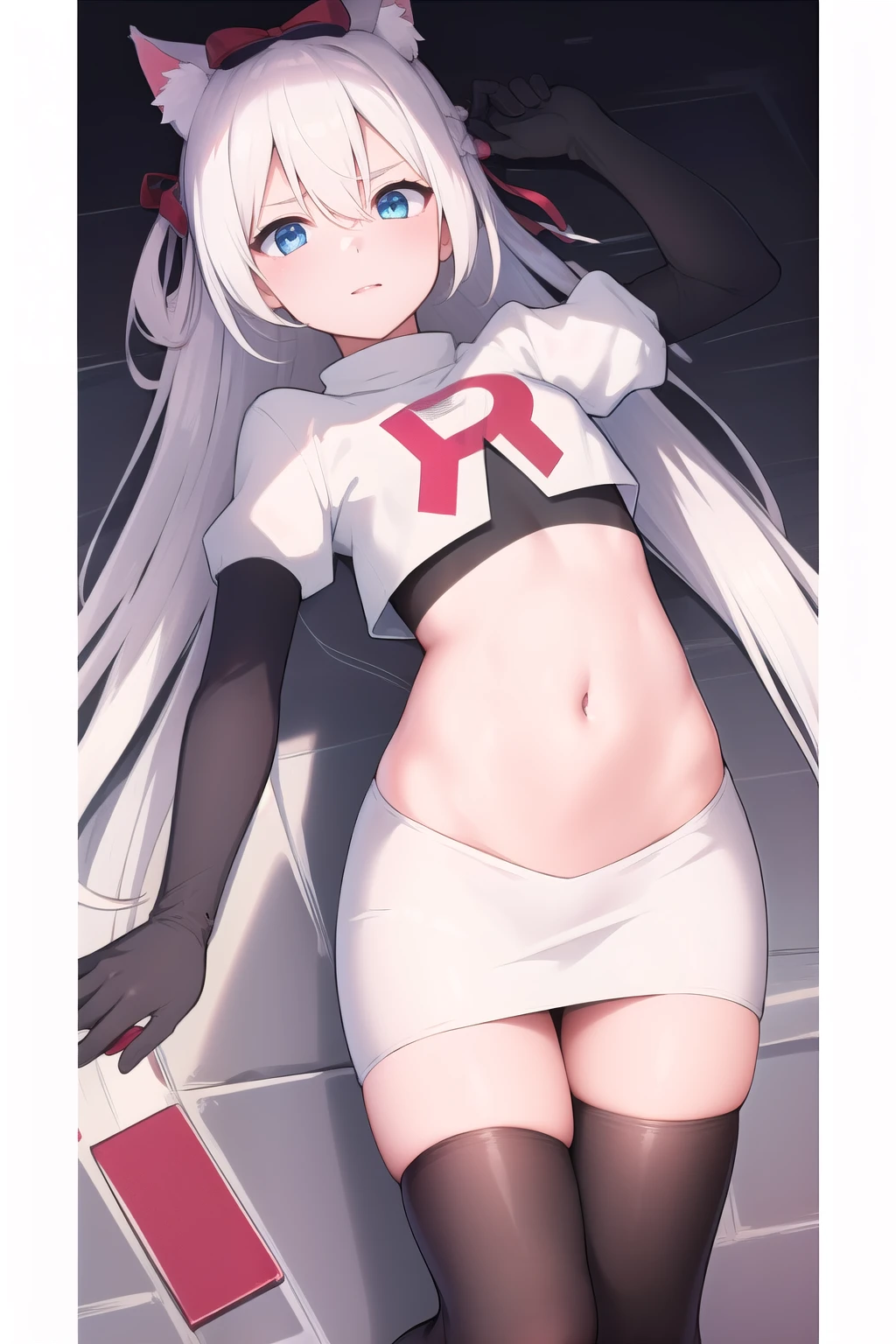 (masterpiece, best quality:1.2),illustration,8k,hd,1girl,solo,long_hair,animal_ears,cat_ears,blue_eyes,bow,bangs,hair_bow,white_hair,very_long_hair,ribbon,breasts,hair_ribbon,small_breasts,hair_ornament,hair_between_eyes,red_bow,team rocket,team rocket uniform,white skirt,red letter R,crop top,black thigh-highs,black elbow gloves