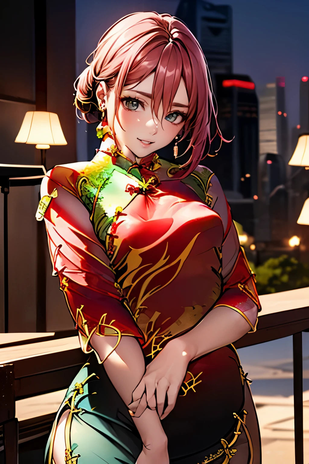 (masterpiece:1.2, highest quality), (realistic, photorealistic:1.4), beautiful illustrations, (natural side lighting, movie lighting),
looking at the viewer, face focus, Upper body, 1 female, Japanese, perfect face, perfect body, Cute symmetrical face, shiny skin, baby , medium breasts:1.4
((medium hair:1.4, pink hair)), hair between eyes, emerald green eyes, seductive thighs, thin,
beautiful hair, beautiful face, thin and beautiful eyes, beautiful clavicle, beautiful body, beautiful breasts, beautiful thighs, beautiful feet, beautiful fingers,
(((cheongsam blouse:1.7), black tight skirt)),
(beautiful scenery), evening, (office), Are standing, (cute smile, Upper grad