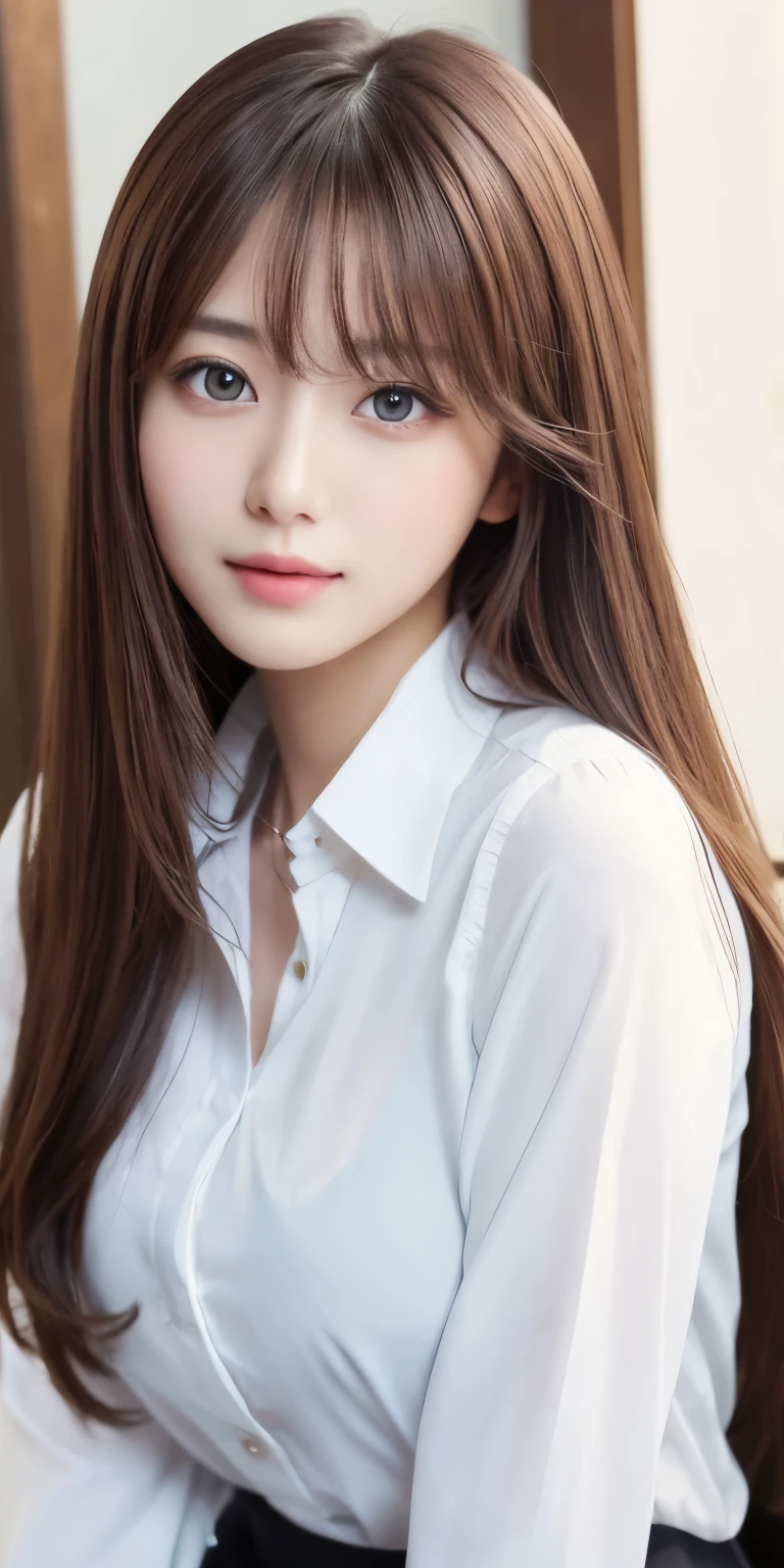 masterpiece、highest quality、High resolution、table top、wallpaper、realistic、bright lighting、professional lighting、face light、smooth lighting、japanese woman、20-year-old、Beautiful woman、action、gravure、sexy、Wearing a white men's open-collar shirt、super beautiful、beautiful skin、beautiful and detailed eyes、detailed face、slim、moderately、Beautiful long hair、brunette colored hair、dark brown eyes、look at the camera、Upper body