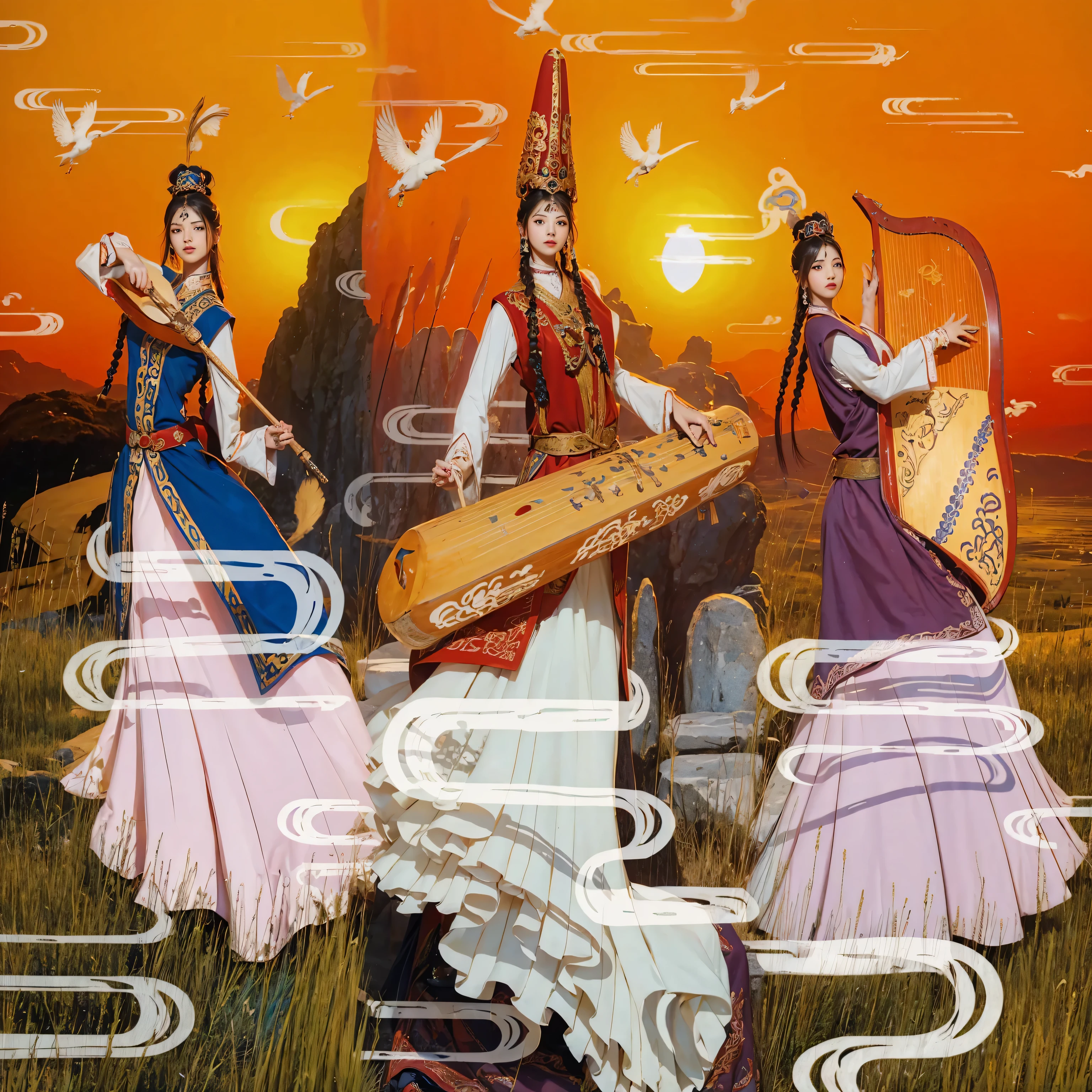 Scene of three people wearing costumes and playing musical instruments, Inspired by Lu Ji, inspired by Yang Buzhi, Z style art, Illustrations inspired by Persian folklore, Inspired by Song Maojin, Inspired by Ji Yunfei, Persian folk storytelling art style, A beautiful artistic illustration, It has the style of ancient Chinese art. (best quality, 4k, 8k, high resolution, masterpiece:1.2), Super detailed, (actual, photoactual, photo-actual:1.37), high dynamic range, ultra high definition, studio lighting, Ultra-fine painting, sharp focus, Physically based rendering, extremely detailed description, professional, bright colors, Bokeh, portrait, landscape, fear, Japanese cartoons, science fiction, photography, concept artist, Vibrant shades, Picturesque lights.