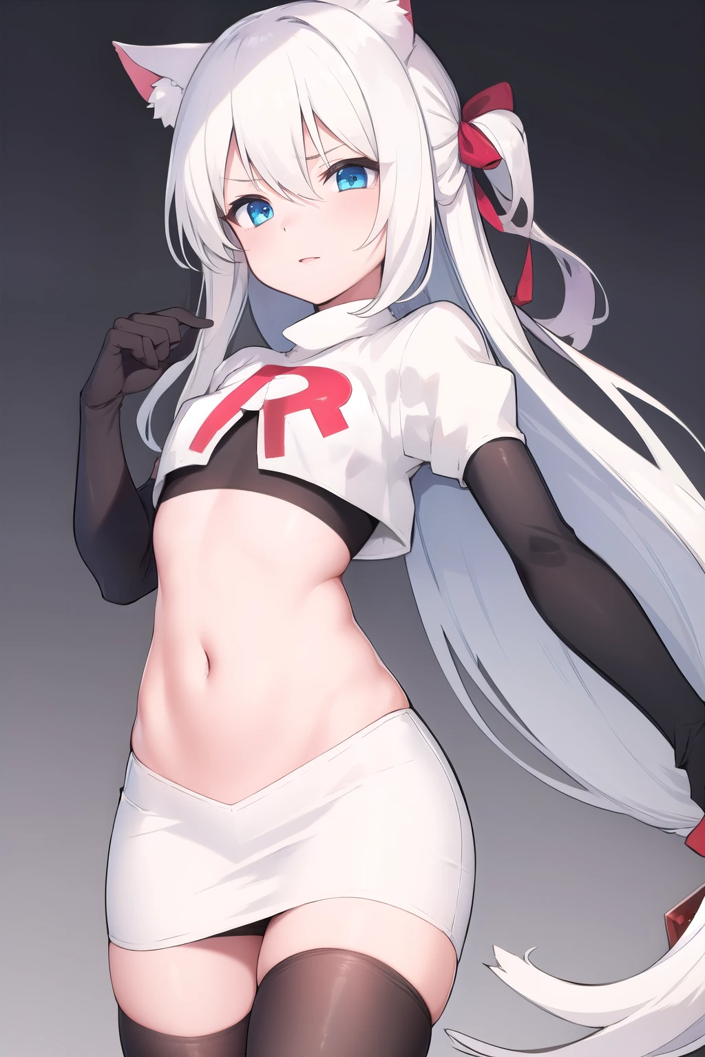 (masterpiece, best quality:1.2),illustration,8k,hd,1girl,solo,long_hair,animal_ears,cat_ears,blue_eyes,bow,bangs,hair_bow,white_hair,very_long_hair,ribbon,breasts,hair_ribbon,small_breasts,hair_ornament,hair_between_eyes,red_bow,team rocket,team rocket uniform,white skirt,red letter R,crop top,black thigh-highs,black elbow gloves