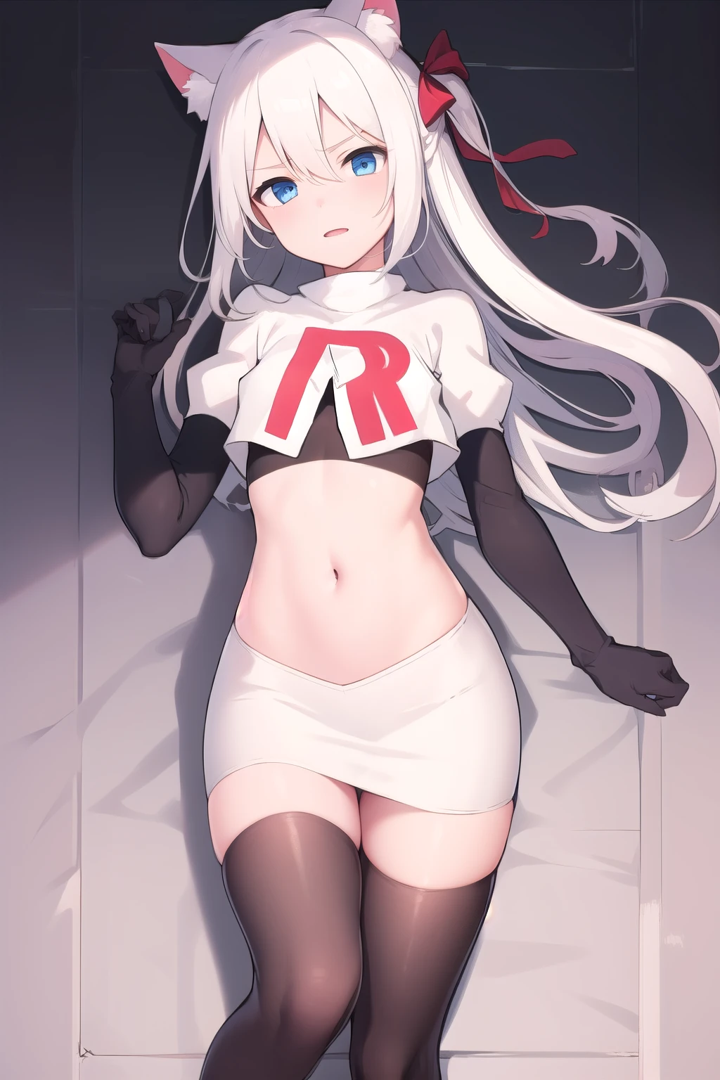 (masterpiece, best quality:1.2),illustration,8k,hd,1girl,solo,long_hair,animal_ears,cat_ears,blue_eyes,bow,bangs,hair_bow,white_hair,very_long_hair,ribbon,breasts,hair_ribbon,small_breasts,hair_ornament,hair_between_eyes,red_bow,team rocket,team rocket uniform,white skirt,red letter R,crop top,black thigh-highs,black elbow gloves