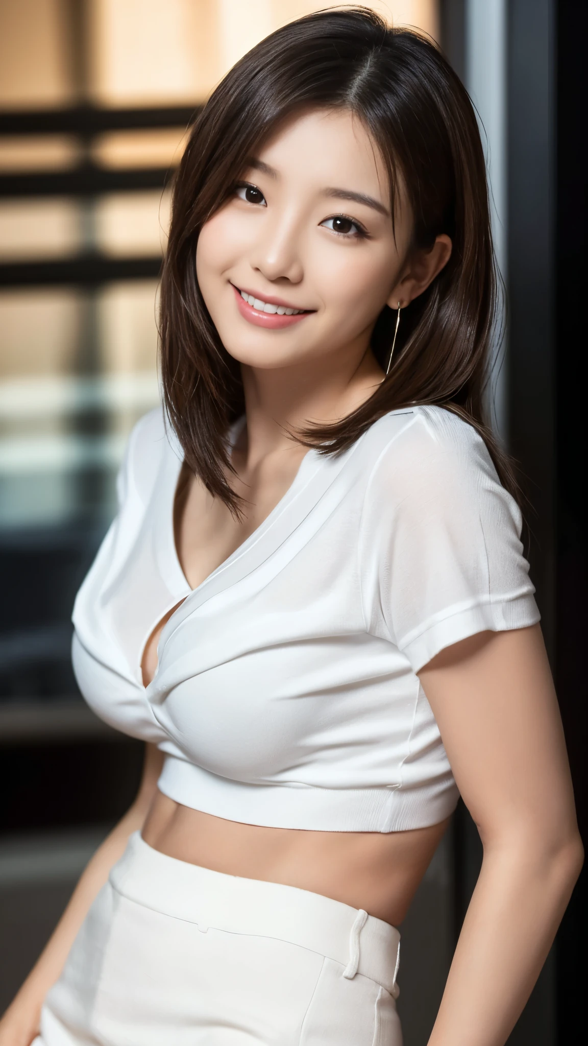 (highest quality, debris flies, realistic pictures, Super detailed, ultra high resolution, to be born:1.3), (1 female, beautiful japanese actress, 25 years old),  (shy smile), detailed face，Flashy makeup with red eyeshadow，Large ring earrings，light blonde delicate mid cut hair，the tips of the hair are wavy，Elegant hairstyle，fine eyes, Actress with slender figure，small breasts,  white shirt，(mini skirt)，white panties，