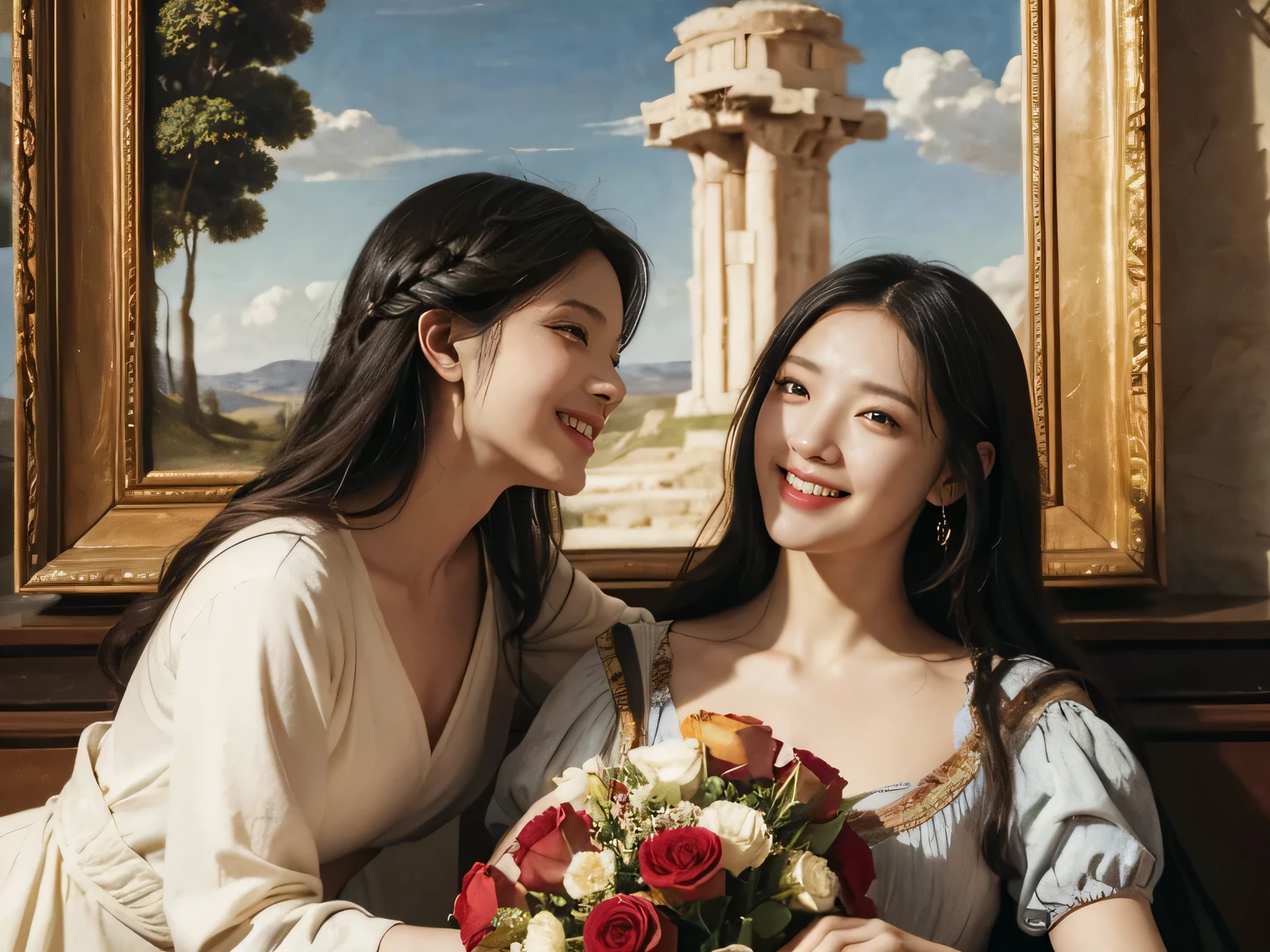 Giorgione painting style,Arguments of two female Philosophe,math、astronomical machine、astronaut、roses in vase、fruits、Cute trinkets、smile、ancient greek costume、Ancient Roman landscape in the style of Nicolas Poussin,laughter,,Sweet and seductive appearance.、Caravaggio's paintings、Chiaroscuro of Caravaggio、hair tousled by the wind,Two women frolicking,cute smile, expression of ecstasy,Sexy,erotic