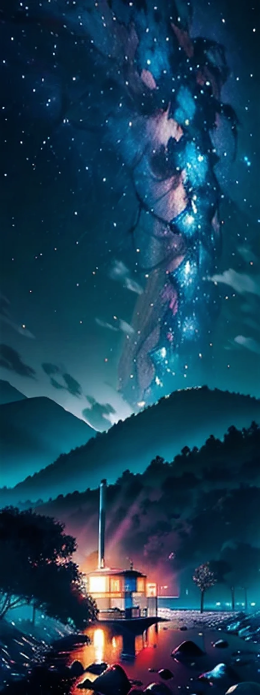 Fotografia de paisagem ampla , (a view from below that shows the sky above and the open countryside below), uma garota parada no campo de flores olhando para cima, (lua cheia:1.2), ( estrelas cadentes:0.9), (nebula:1.3), montanha distante, tree BREAK production art, (fonte de luz quente:1.2), (vaga-lume:1.2), light bulb, muito roxo e laranja, detalhes intrincados, BREAK volumetric lighting
(obra de arte:1.2), (melhor qualidade), 4k, ultra-detalhado, (Dynamic Composition:1.4), altamente detalhado, detalhes coloridos,( cores iridescentes:1.2), (bright lighting, Atmospheric lighting), sonhadores, magical, (Sozinho:1.2)  outra pessoa do lado, luz laranja entrando na imagem