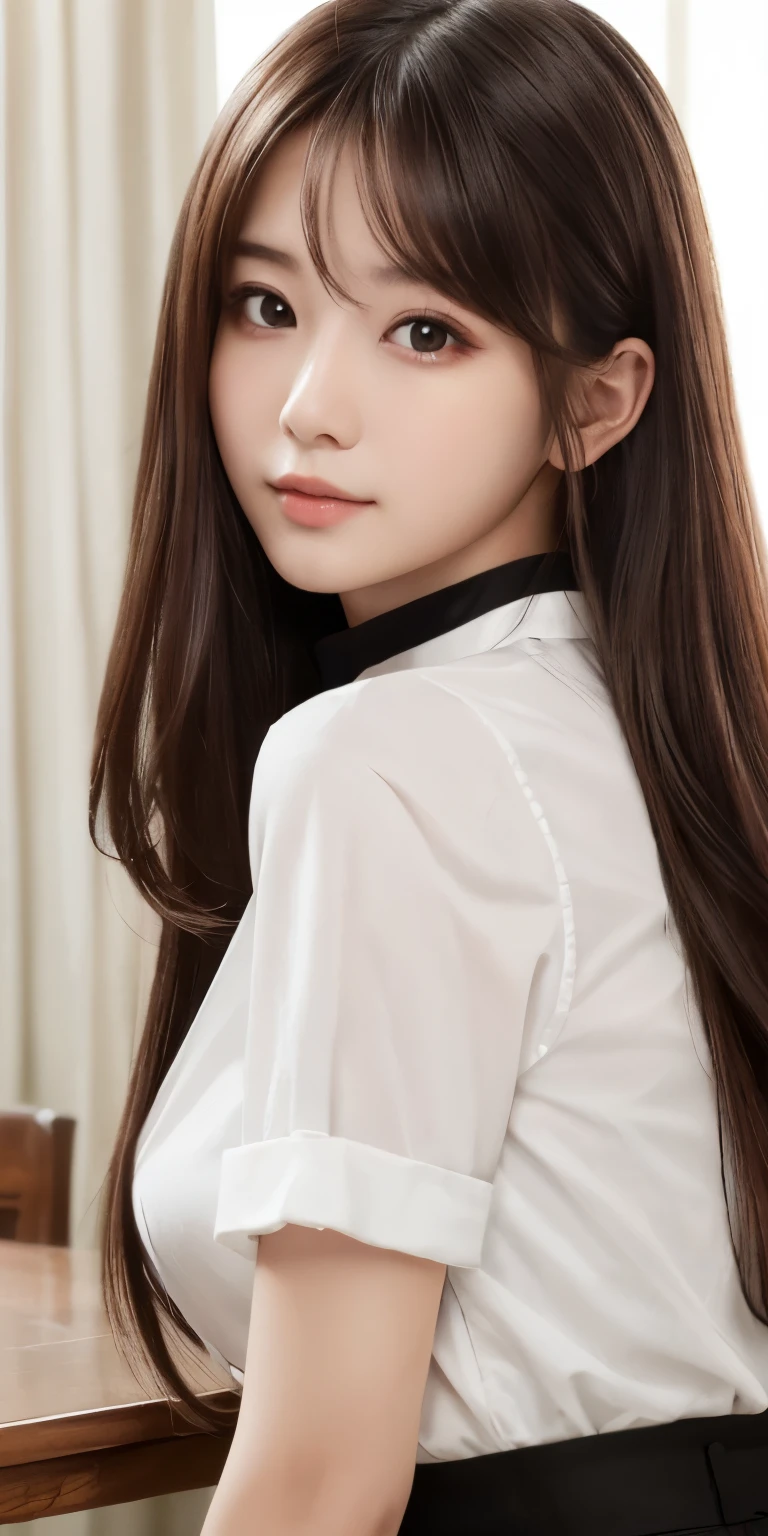 masterpiece、highest quality、High resolution、table top、wallpaper、realistic、bright lighting、professional lighting、face light、smooth lighting、japanese woman、20-year-old、Beautiful woman、action、gravure、sexy、Wearing a white men's open-collar shirt、super beautiful、beautiful skin、beautiful and detailed eyes、detailed face、slim、moderately、Beautiful long hair、brunette colored hair、dark brown eyes、look at the camera、Upper body