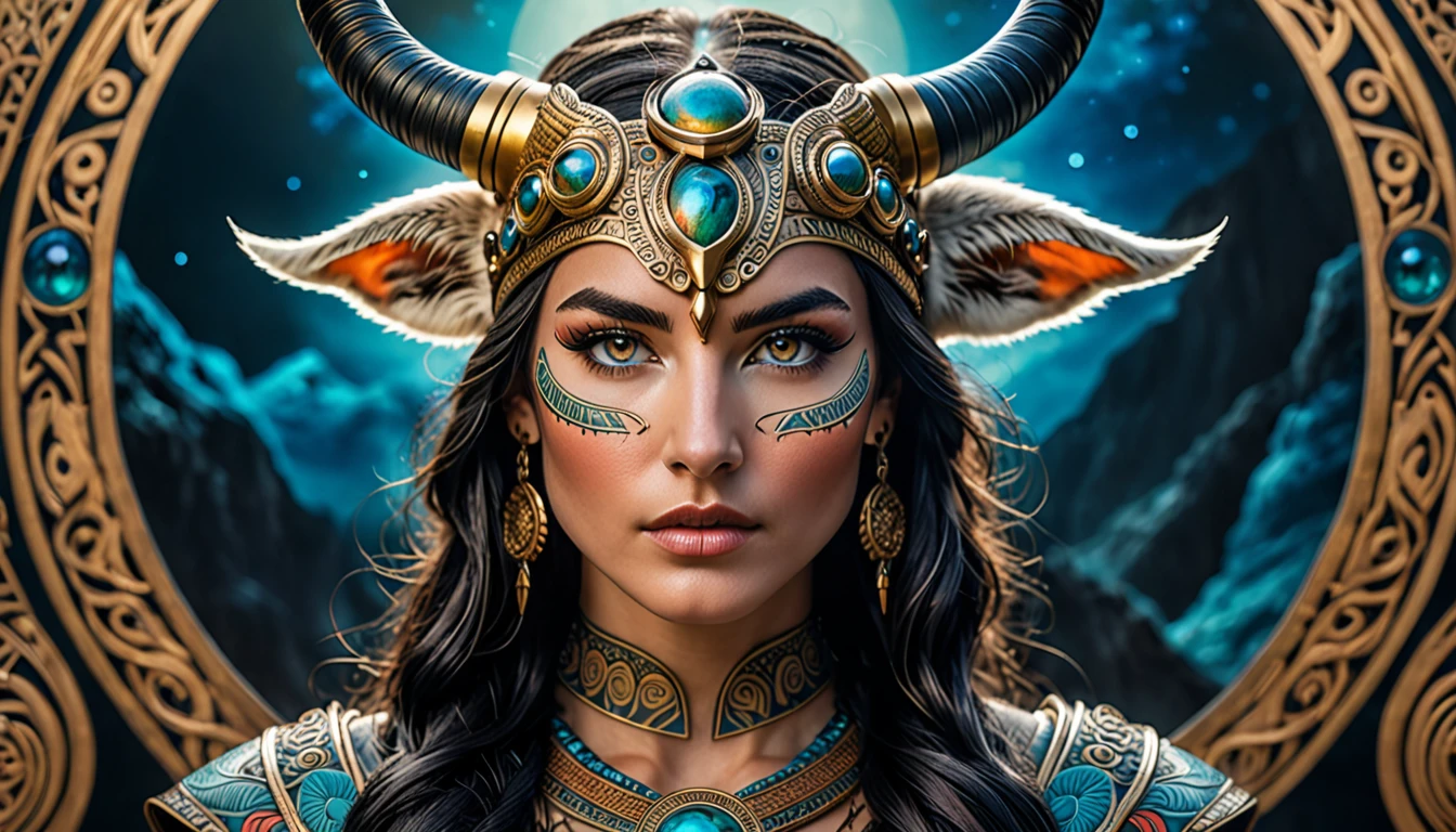 highly detailed color portrait of Artemis, the goddess of wild animals, beautiful face, intricate details, cinematic photographed by Hasselblad Medium Format Film Camera, fully covered in ancient tattoos, hyper-realistic, mystical energy in the air, heroic fantasy art, centered, symmetrical, detailed eyes, special effects, diffused light, volumetric lighting,  4K, in the style of todd mcfarlane