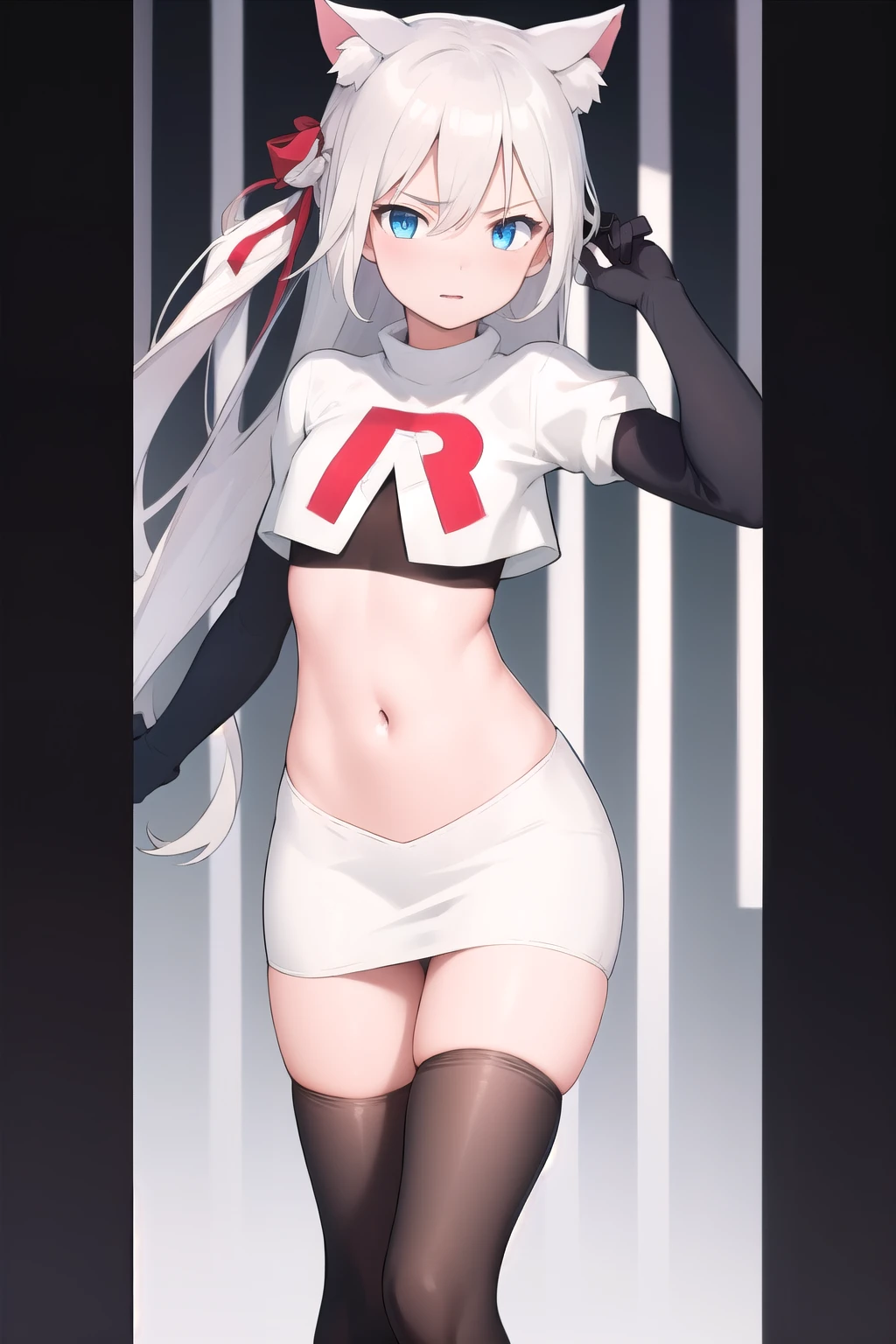 (masterpiece, best quality:1.2),illustration,8k,hd,1girl,solo,long_hair,animal_ears,cat_ears,blue_eyes,bow,bangs,hair_bow,white_hair,very_long_hair,ribbon,breasts,hair_ribbon,small_breasts,hair_ornament,hair_between_eyes,red_bow,team rocket,team rocket uniform,white skirt,red letter R,crop top,black thigh-highs,black elbow gloves