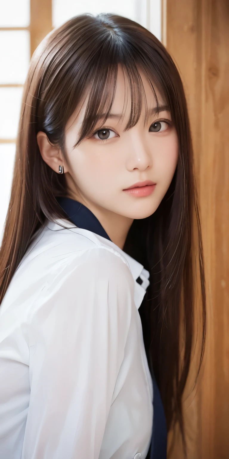 masterpiece、highest quality、High resolution、table top、wallpaper、realistic、bright lighting、professional lighting、face light、smooth lighting、japanese woman、20-year-old、Beautiful woman、action、gravure、sexy、Wearing a white men's open-collar shirt、super beautiful、beautiful skin、beautiful and detailed eyes、detailed face、slim、moderately、Beautiful long hair、brunette colored hair、dark brown eyes、look at the camera、Upper body
