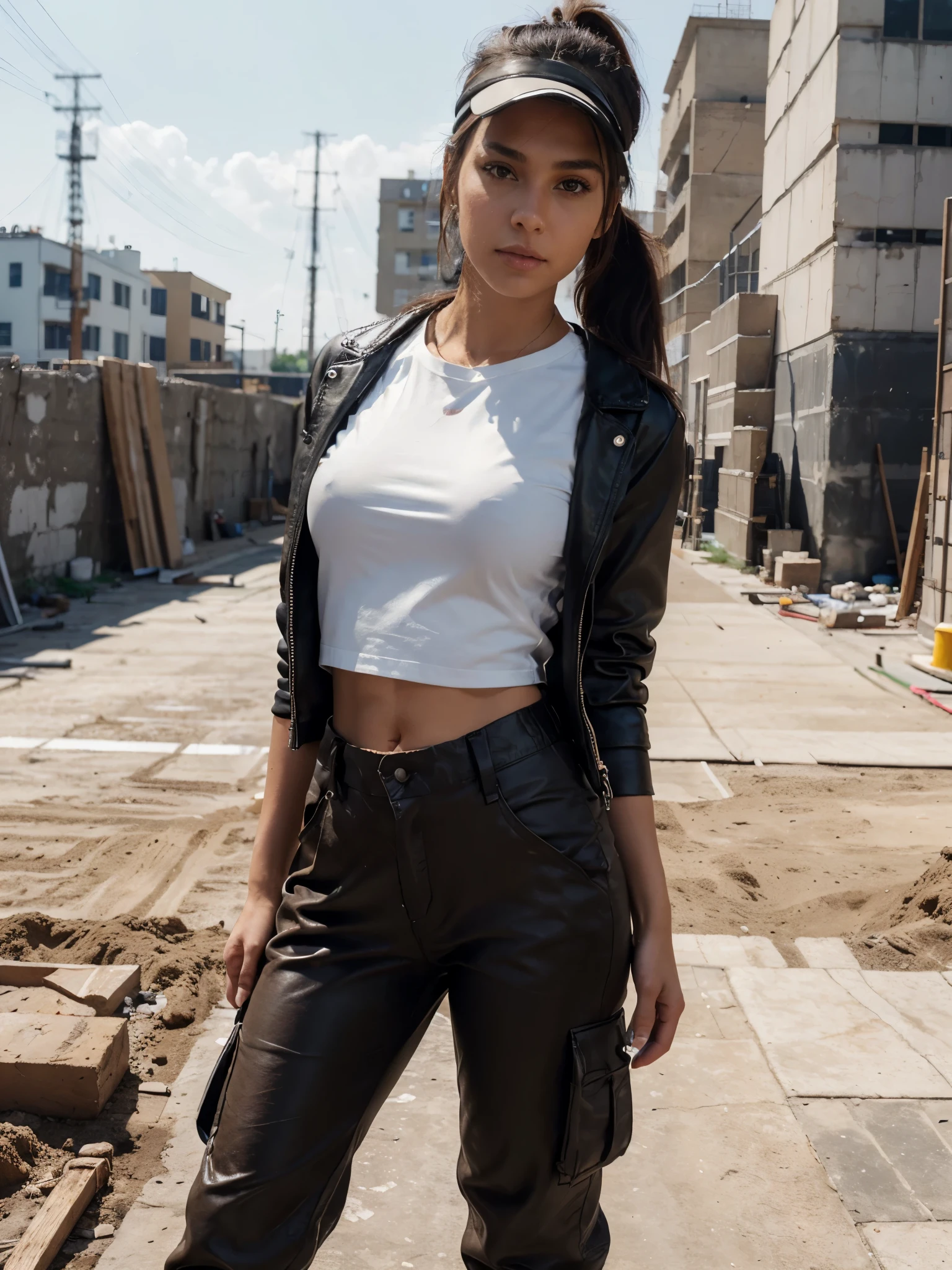 8k, RAW photo, best quality, ultra high resolution, photorealistic, realistic photo skinny brunette girl construction worker, realistic photo of ((skinny brunette girl), slim face, tanned skin, black hair, ponytail hair), on the construction site, bricks, concrete, hammer, shovel, (full body picture), wearing construction gear, wearing brown cargo pants, (brown cargo pants) ,wearing white t-shirt, (white t-shirt), wearing black leather jacket, (black leather jacket), wearing white safety hat, safety hat, sexy pose, looking at viewer, sexy face, smirking, (extremely detailed CG unity 8k wallpaper), Sharp focus, dramatic, (bright neon light)