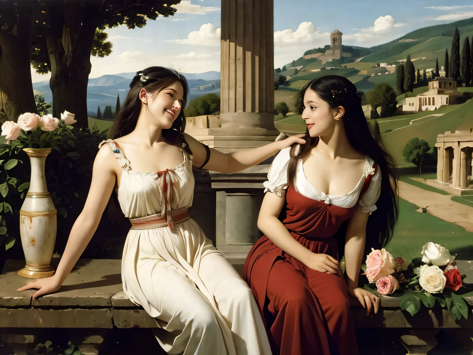 Giorgione painting style,Arguments of two female Philosophe,math、astronomical machine、astronaut、roses in vase、fruits、Cute trinkets、smile、ancient greek costume、Ancient Roman landscape in the style of Nicolas Poussin,laughter,,Sweet and seductive appearance.、Caravaggio's paintings、Chiaroscuro of Caravaggio、hair tousled by the wind,Two women frolicking,cute smile, expression of ecstasy,Sexy,erotic