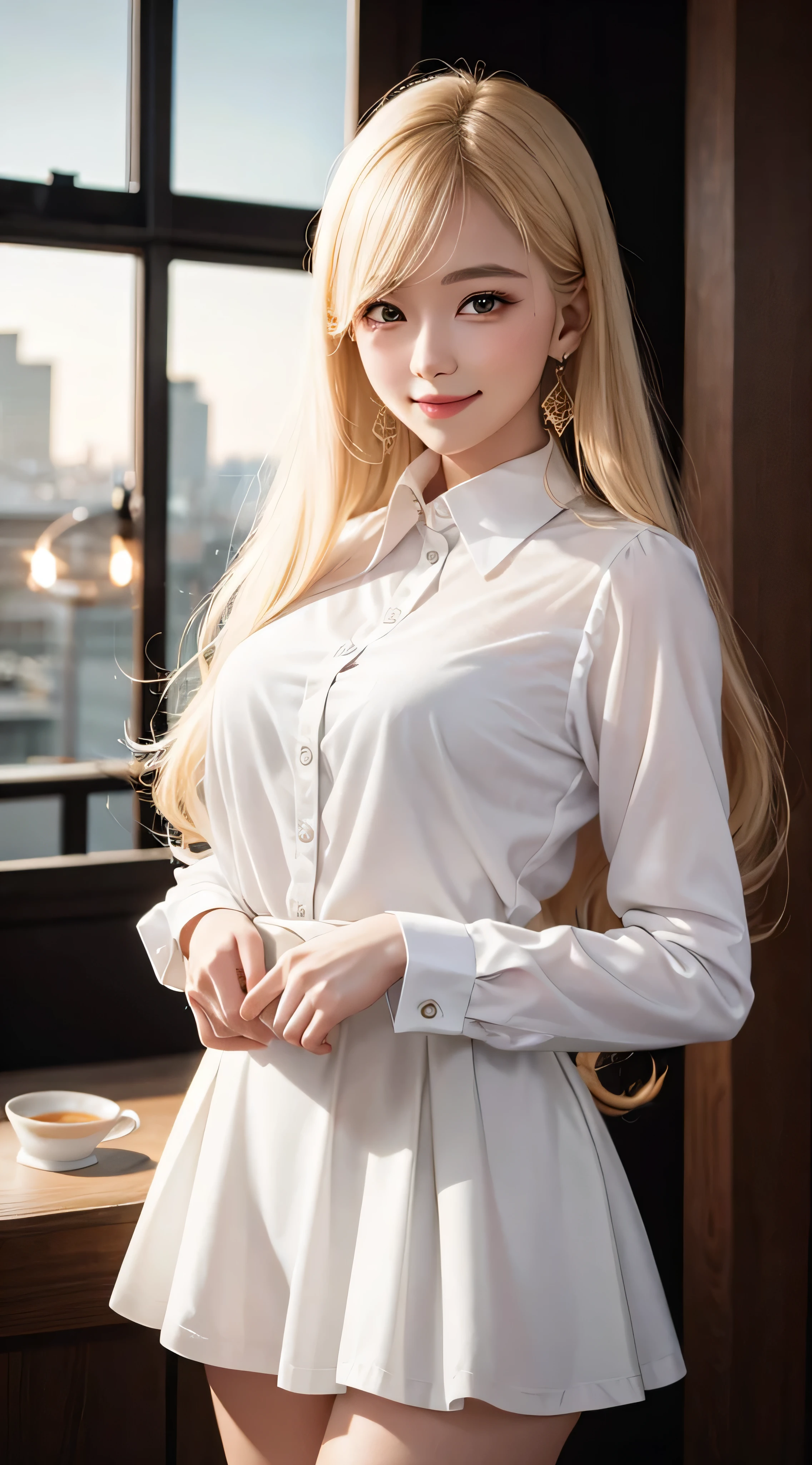 ((Best quality, 8k, Masterpiece :1.3)), Sharp focus :1.2, A pretty woman with perfect figure :1.4, Slender abs :1.3, Raw photography、超A high resolution, full body, fair white skin、shiny white skin、(wavy blonde hair)、dark brown hair、super fine eyes, super fine hand, super fine finger、Beautiful eyes with random colors、very thin lips, finely detail、elongated eyes、pale pink blush、long eyeslashes、Beautiful double eyelid、Lighting that emphasizes beautiful skin、Lustrous skin 2, ((Layered long hair, Big breasts :1.2)), Open shirt show , (detailed transparent clothing), (see throught), ((detailed White tight shirt )), ((detailed face )), ((detailed tight short skirt), water shower, luxury office :1.4, Highly detailed face and skin texture, Detailed eyes, Double eyelid