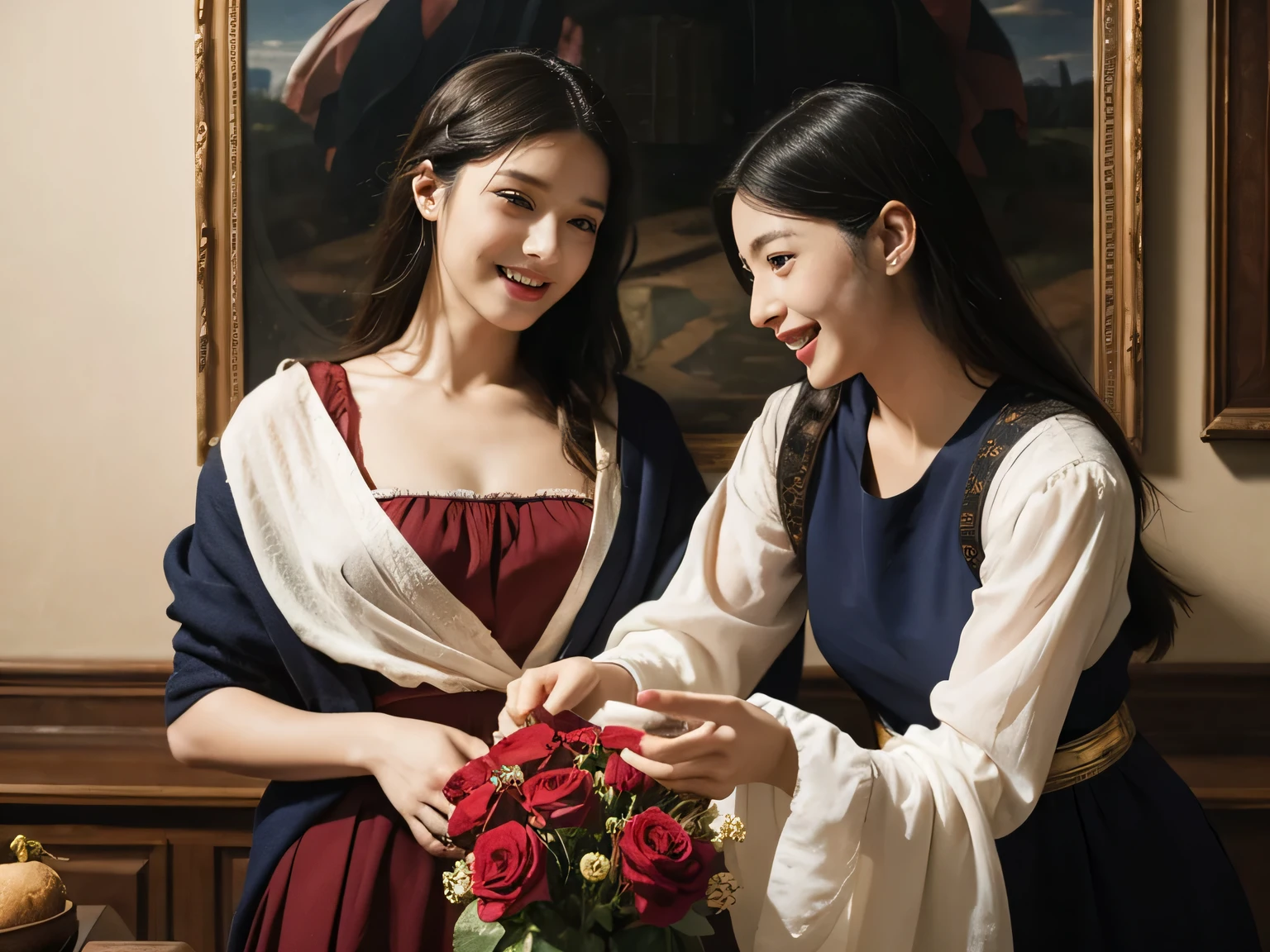 Giorgione painting style,Arguments of two female Philosophe,math、astronomical machine、astronaut、roses in vase、fruits、Cute trinkets、smile、ancient greek costume、Ancient Roman landscape in the style of Nicolas Poussin,laughter,,Sweet and seductive appearance.、Caravaggio's paintings、Chiaroscuro of Caravaggio、hair tousled by the wind,Two women frolicking,cute smile, expression of ecstasy,Sexy,erotic