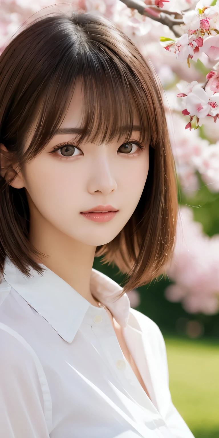 masterpiece、highest quality、High resolution、wallpaper、realistic、bright lighting、professional lighting、face light、smooth lighting、japanese woman、20-year-old、Beautiful woman、action、gravure、sexy、Wearing a white men's open-collar shirt、super beautiful、beautiful skin、beautiful and detailed eyes、detailed face、slim、moderately、Beautiful long hair、brunette colored hair、dark brown eyes、look at the camera、Upper body、under the cherry tree