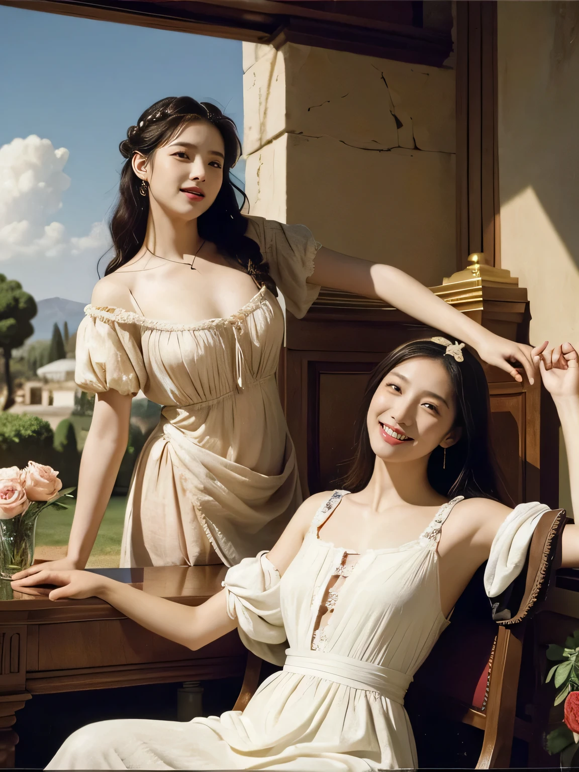Giorgione painting style,Arguments of two female Philosophe,math、astronomical machine、astronaut、roses in vase、fruits、Cute trinkets、smile、ancient greek costume、Ancient Roman landscape in the style of Nicolas Poussin,laughter,,Sweet and seductive appearance.、Caravaggio's paintings、Chiaroscuro of Caravaggio、hair tousled by the wind,Two women frolicking,cute smile, expression of ecstasy,Sexy,erotic