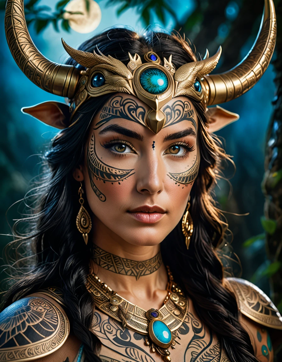 highly detailed color portrait of Artemis, the goddess of wild animals, beautiful face, intricate details, cinematic photographed by Hasselblad Medium Format Film Camera, fully covered in ancient tattoos, hyper-realistic, mystical energy in the air, heroic fantasy art, centered, symmetrical, detailed eyes, special effects, diffused light, volumetric lighting,  4K, in the style of todd mcfarlane