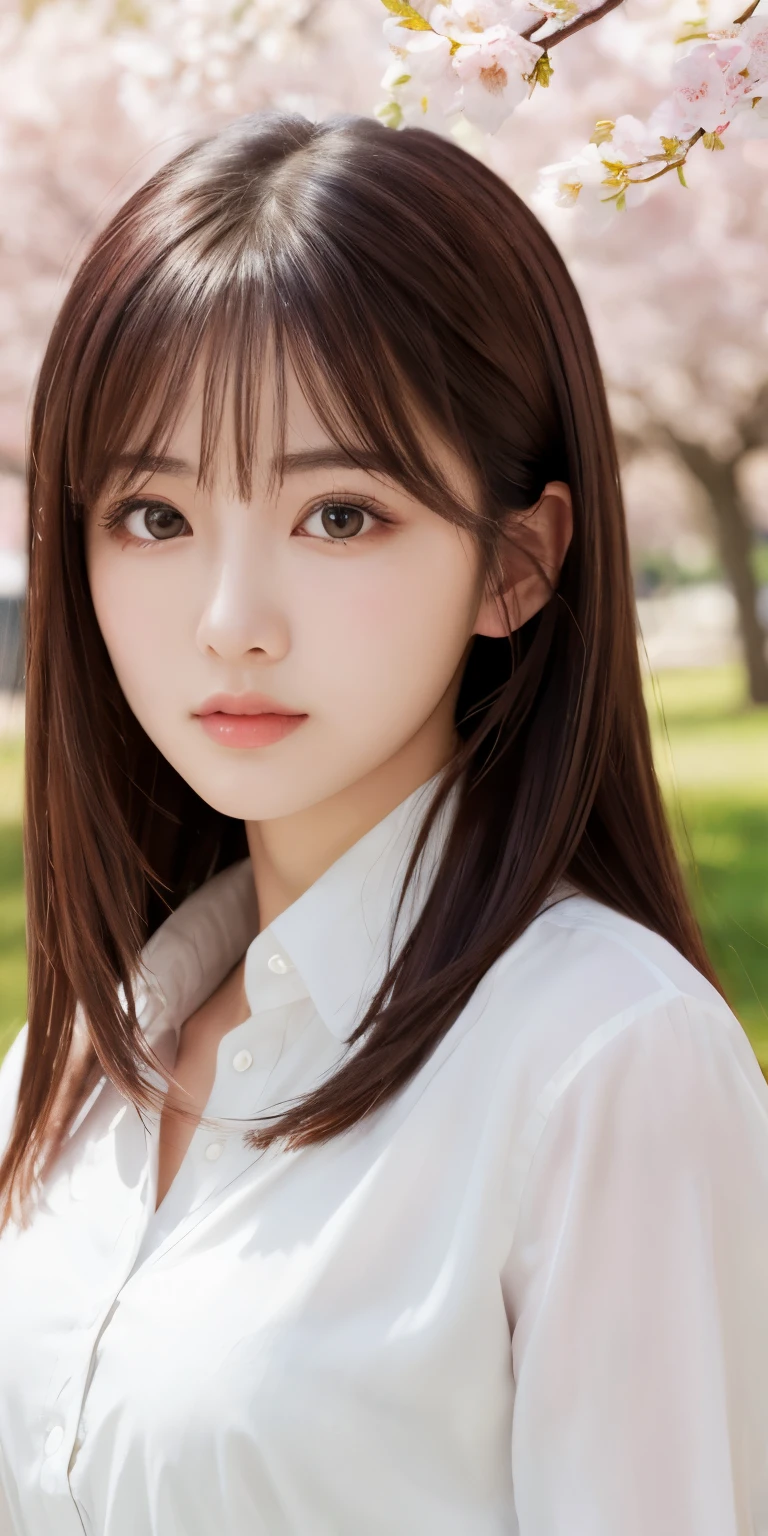 masterpiece、highest quality、High resolution、wallpaper、realistic、bright lighting、professional lighting、face light、smooth lighting、japanese woman、20-year-old、Beautiful woman、action、gravure、sexy、Wearing a white men's open-collar shirt、super beautiful、beautiful skin、beautiful and detailed eyes、detailed face、slim、moderately、Beautiful long hair、brunette colored hair、dark brown eyes、look at the camera、Upper body、under the cherry tree