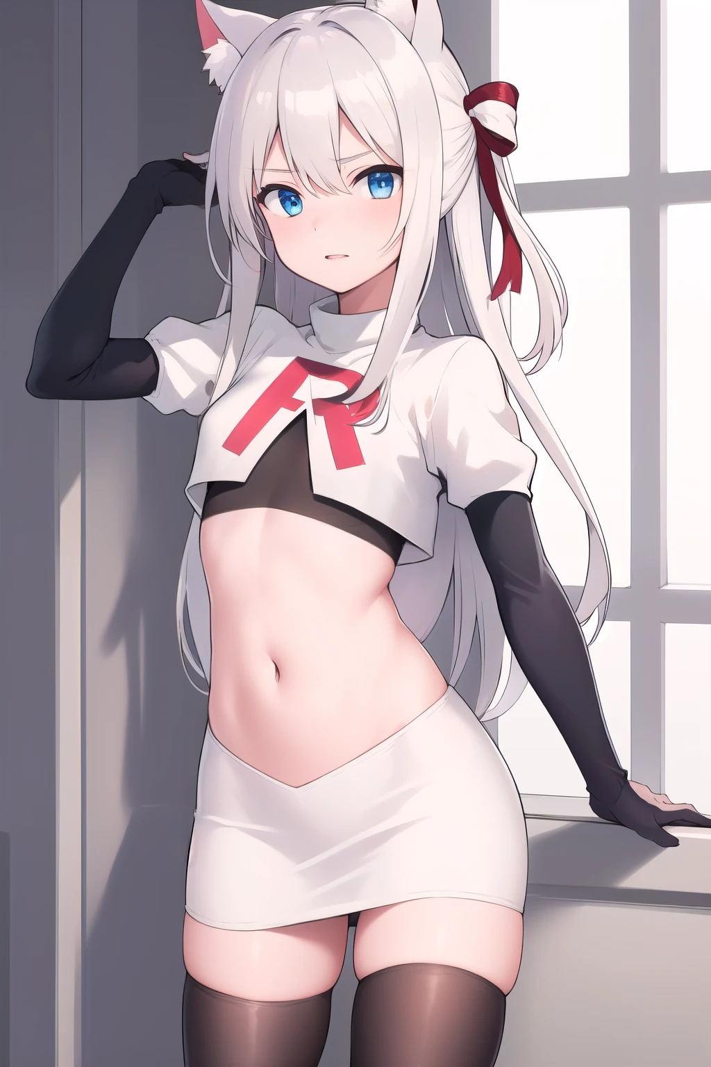 (masterpiece, best quality:1.2),illustration,8k,hd,1girl,solo,long_hair,animal_ears,cat_ears,blue_eyes,bow,bangs,hair_bow,white_hair,very_long_hair,ribbon,breasts,hair_ribbon,small_breasts,hair_ornament,hair_between_eyes,red_bow,team rocket,team rocket uniform,white skirt,red letter R,crop top,black thigh-highs,black elbow gloves