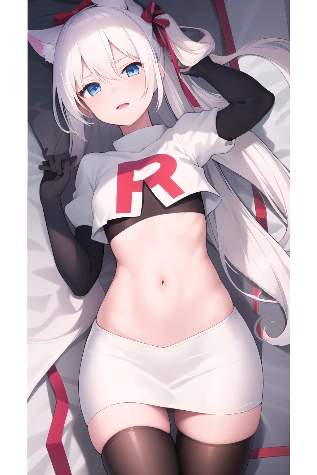 (masterpiece, best quality:1.2),illustration,8k,hd,1girl,solo,long_hair,animal_ears,cat_ears,blue_eyes,bow,bangs,hair_bow,white_hair,very_long_hair,ribbon,breasts,hair_ribbon,small_breasts,hair_ornament,hair_between_eyes,red_bow,team rocket,team rocket uniform,white skirt,red letter R,crop top,black thigh-highs,black elbow gloves
