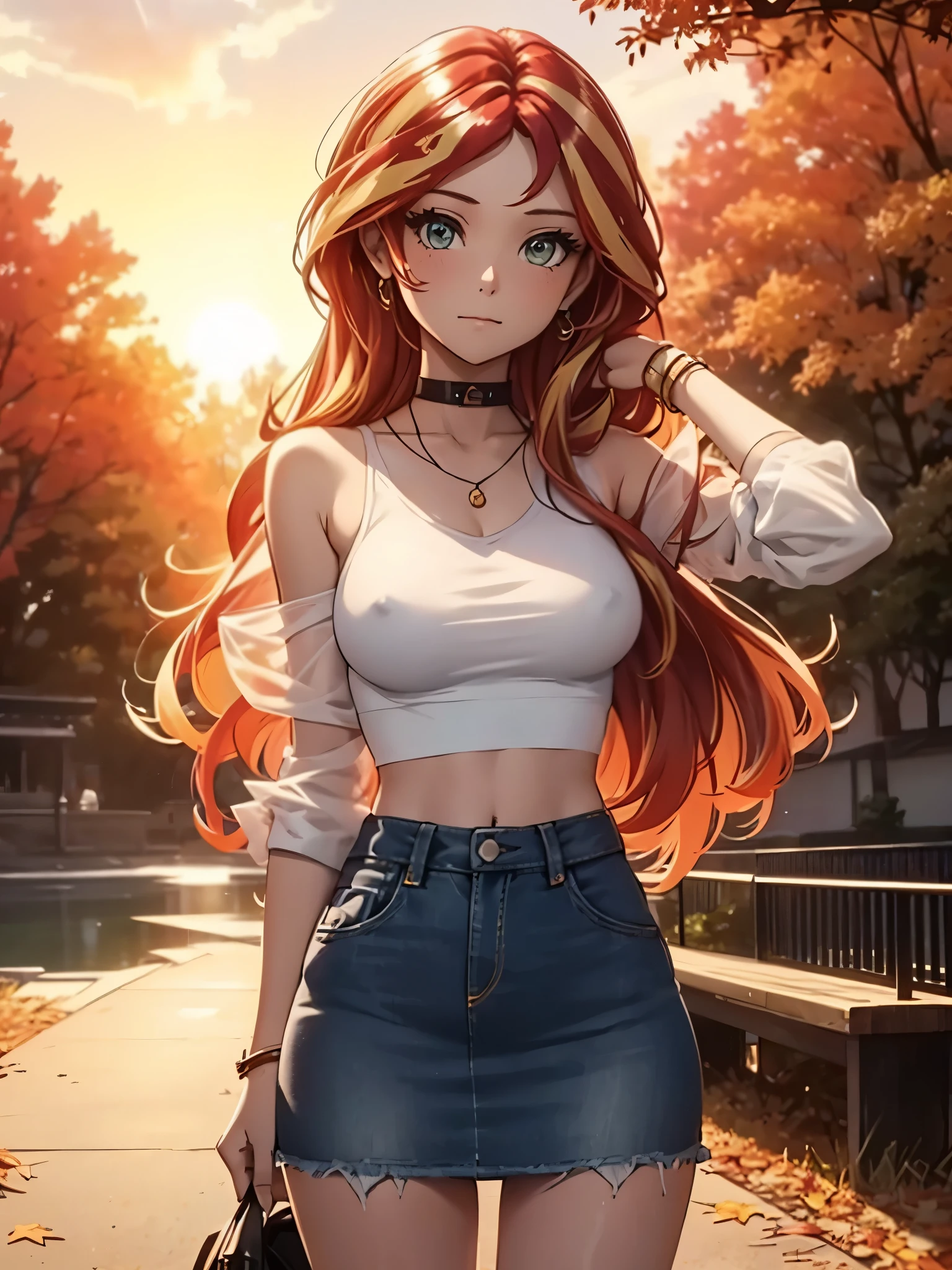 Sunset shimmer outside in a park in autumn, fall colors, cold, shivering, skimpy clothes, very short denim ((skirt)), white see-through top, bare shoulders, pokies