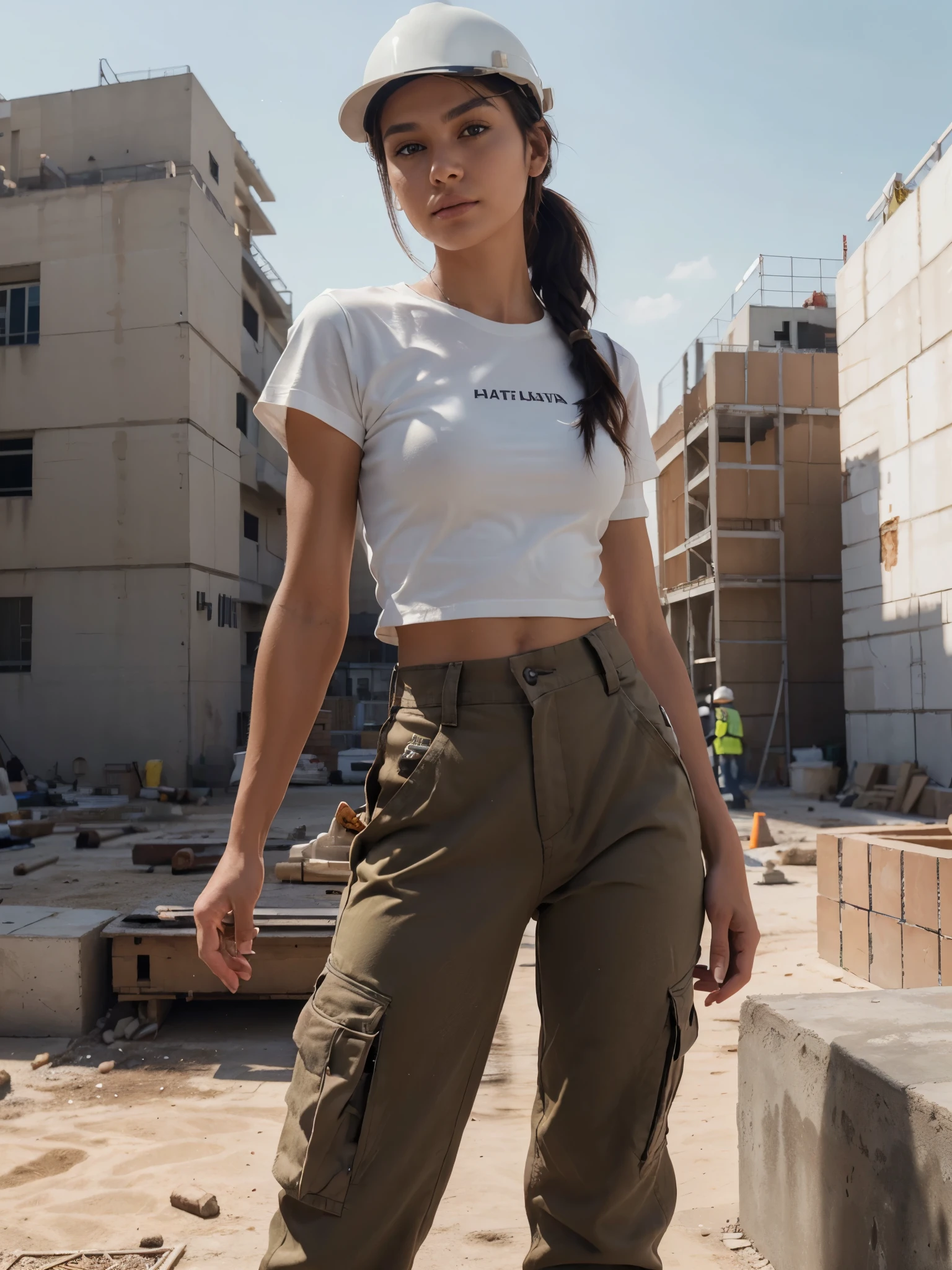 8k, RAW photo, best quality, ultra high resolution, photorealistic, realistic photo skinny brunette girl construction worker, realistic photo of ((skinny brunette girl), slim face, tanned skin, black hair, ponytail hair), on the construction site, bricks, concrete, hammer, shovel, (full body picture), photo from the side, wearing construction gear, wearing brown cargo pants, (brown cargo pants) ,wearing white t-shirt, (white t-shirt), wearing white safety hat, (safety hat), sexy pose, looking at viewer, sexy face, smirking, (extremely detailed CG unity 8k wallpaper), Sharp focus, dramatic, (bright neon light)