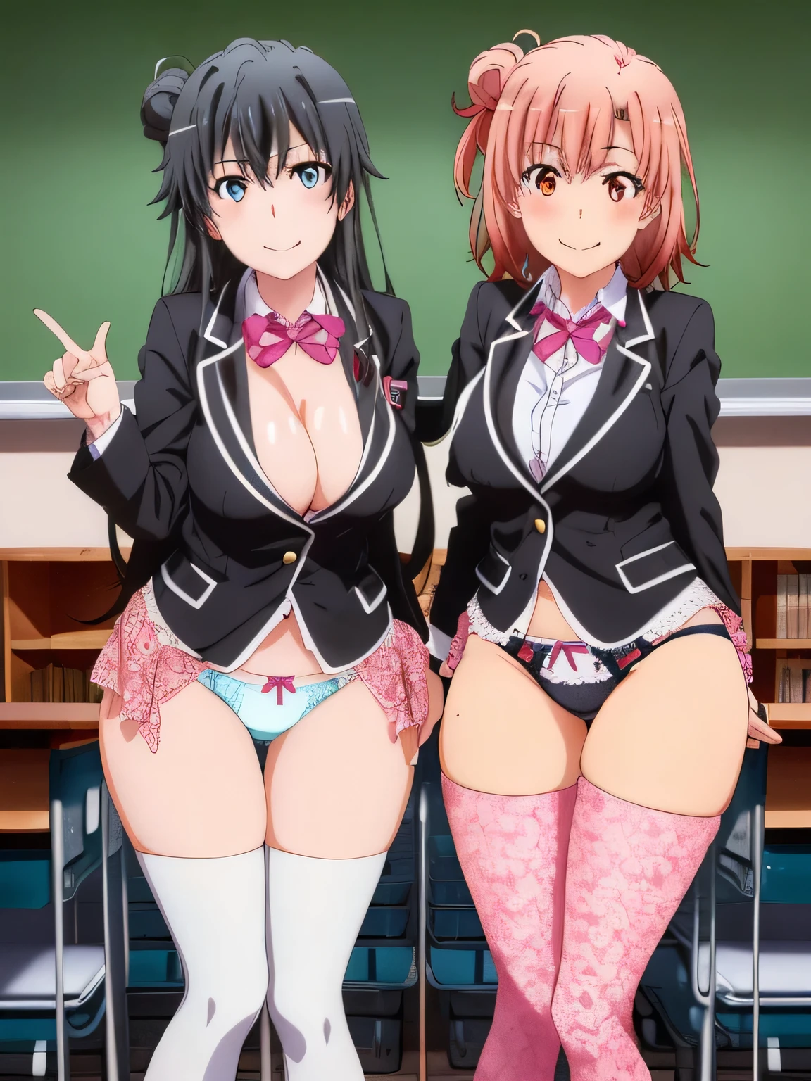 (2 girls) ,(Yukinoshita Yukino white lace panties).(Yuigahama Yui pink lace pants), classroom, uniform,,(black blazer),shirt,(Yuigahama Yui has big breasts),(Yuigahama Yui opens her mouth),(check skirt:1.0)),(((shiny panties))),squat,thighs,calf,pink sneakers,whole body,smile,from the front,