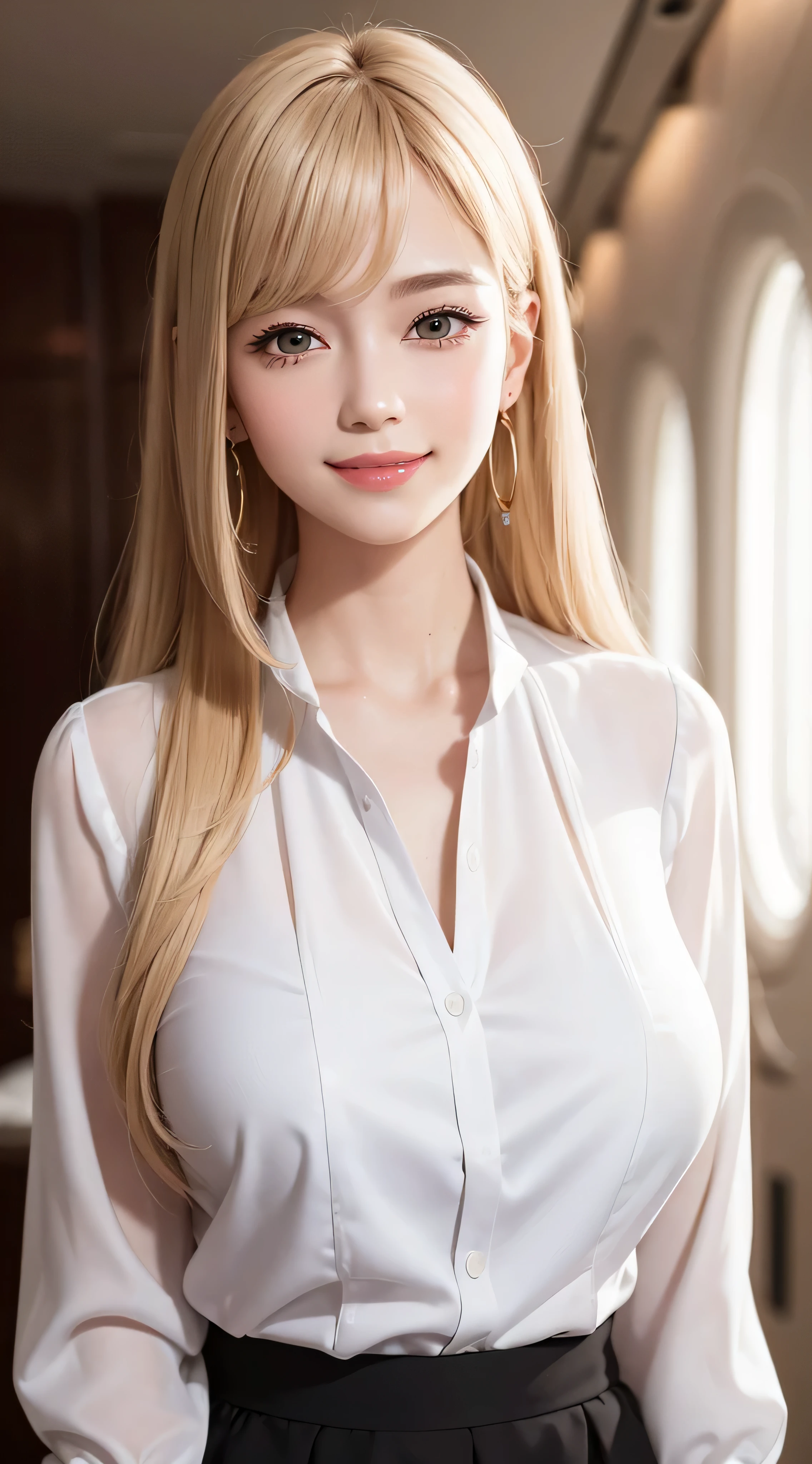 foreign women、Fashion Model、White blouse with collar、white skirt、silk blouse、white shirt&super mini skirt、white shirt with frills、puffy sleeves、Glamour、paparazzi shooting、gold necklace_Large earrings、super long blonde、loose wavy hair、hair above one eye、brown eyes、8K、High resolution、masterpiece、最High resolution、HD、very detailed、voluminous lighting、photorealistic、((shy smile:1.3))、inside private jet, indoor, hyper detailed background