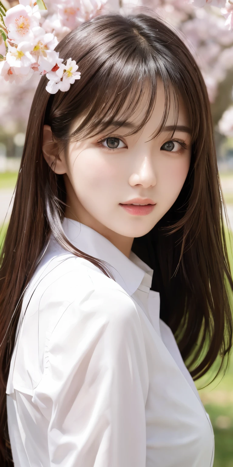 masterpiece、highest quality、High resolution、wallpaper、realistic、bright lighting、professional lighting、face light、smooth lighting、japanese woman、20-year-old、Beautiful woman、action、gravure、sexy、white men&#39;s collared shirt、super beautiful、beautiful skin、beautiful and detailed eyes、detailed face、slim、moderately、Beautiful long hair、brunette colored hair、dark brown eyes、look at the camera、Upper body、under the cherry tree