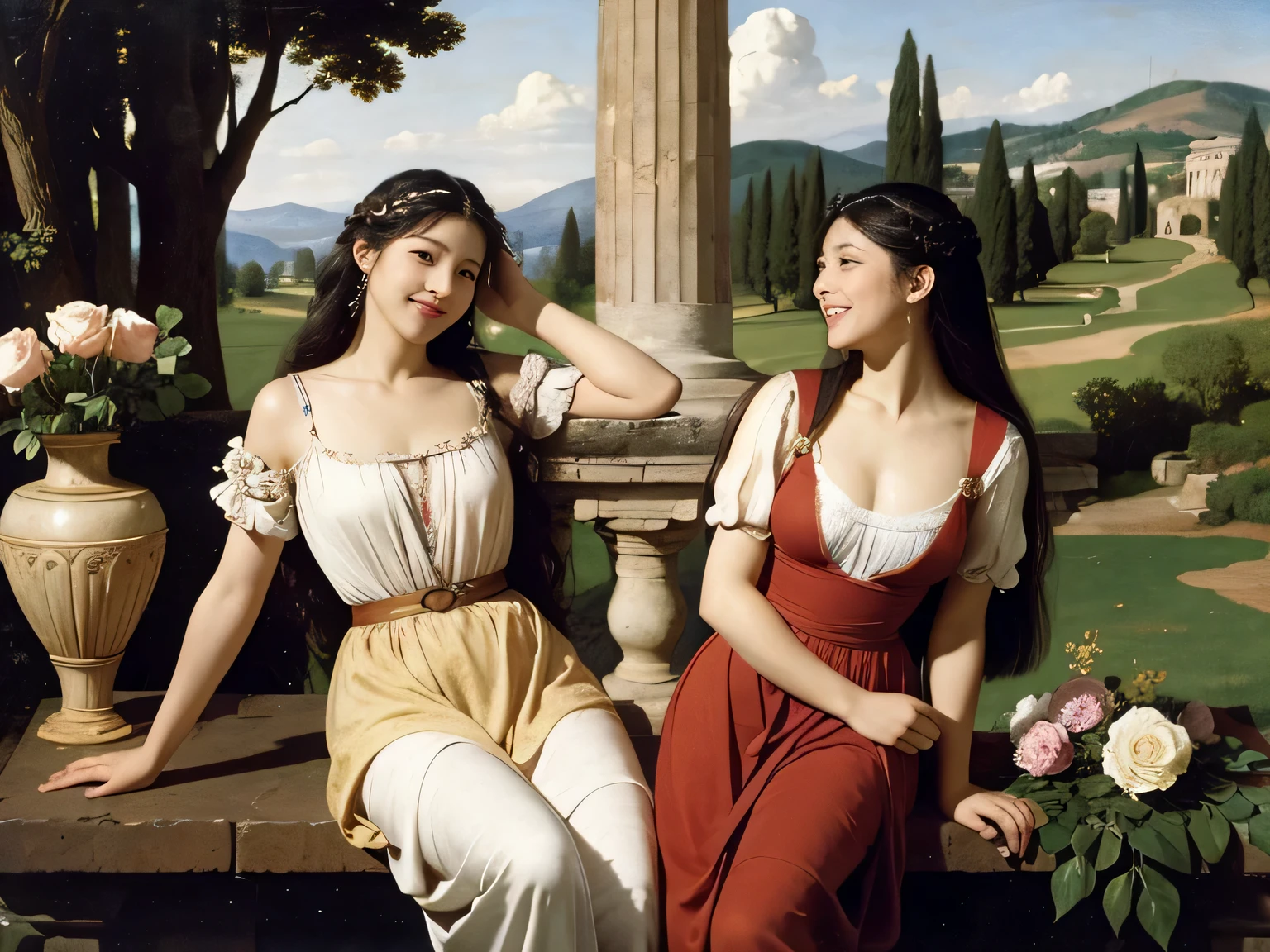 Giorgione painting style,Arguments of two female Philosophe,math、astronomical machine、astronaut、roses in vase、fruits、Cute trinkets、smile、ancient greek costume、Ancient Roman landscape in the style of Nicolas Poussin,laughter,,Sweet and seductive appearance.、Caravaggio's paintings、Chiaroscuro of Caravaggio、hair tousled by the wind,Two women frolicking,cute smile, expression of ecstasy,Sexy,erotic