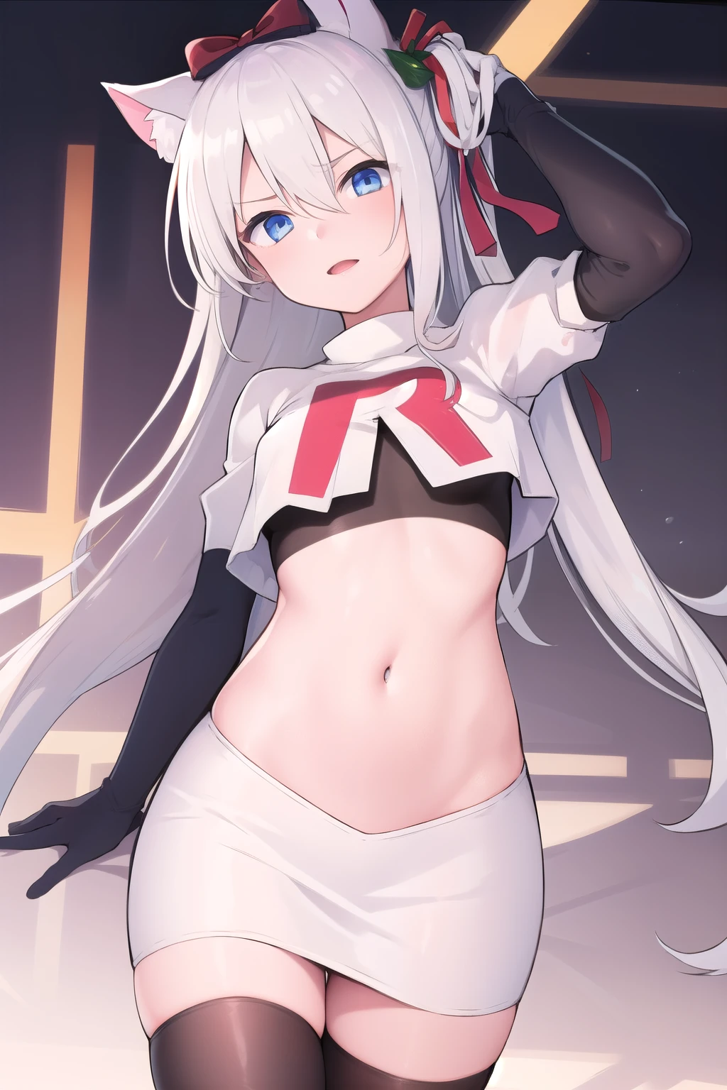 (masterpiece, best quality:1.2),illustration,8k,hd,1girl,solo,long_hair,animal_ears,cat_ears,blue_eyes,bow,bangs,hair_bow,white_hair,very_long_hair,ribbon,breasts,hair_ribbon,small_breasts,hair_ornament,hair_between_eyes,red_bow,team rocket,team rocket uniform,white skirt,red letter R,crop top,black thigh-highs,black elbow gloves