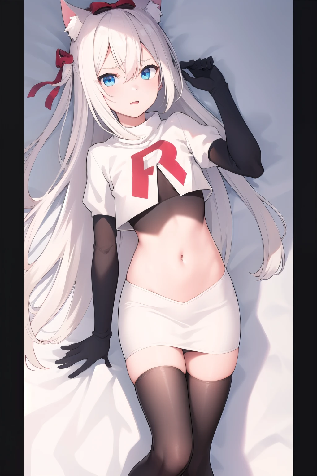 (masterpiece, best quality:1.2),illustration,8k,hd,1girl,solo,long_hair,animal_ears,cat_ears,blue_eyes,bow,bangs,hair_bow,white_hair,very_long_hair,ribbon,breasts,hair_ribbon,small_breasts,hair_ornament,hair_between_eyes,red_bow,team rocket,team rocket uniform,white skirt,red letter R,crop top,black thigh-highs,black elbow gloves