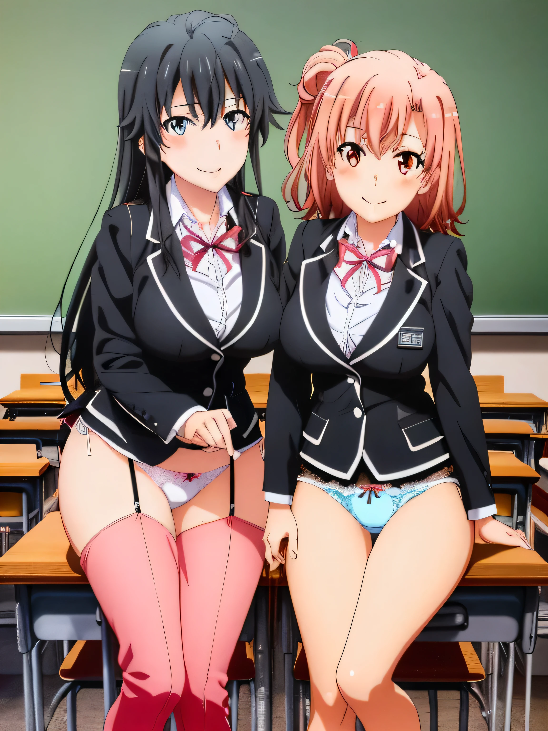 (2 girls) ,(Yukinoshita Yukino white lace panties).(Yuigahama Yui pink lace pants), classroom, uniform,,(black blazer),shirt,(Yuigahama Yui has big breasts),(Yuigahama Yui opens her mouth),(check skirt:1.0)),(((shiny panties))),squat,thighs,calf,pink sneakers,whole body,smile,from the front,