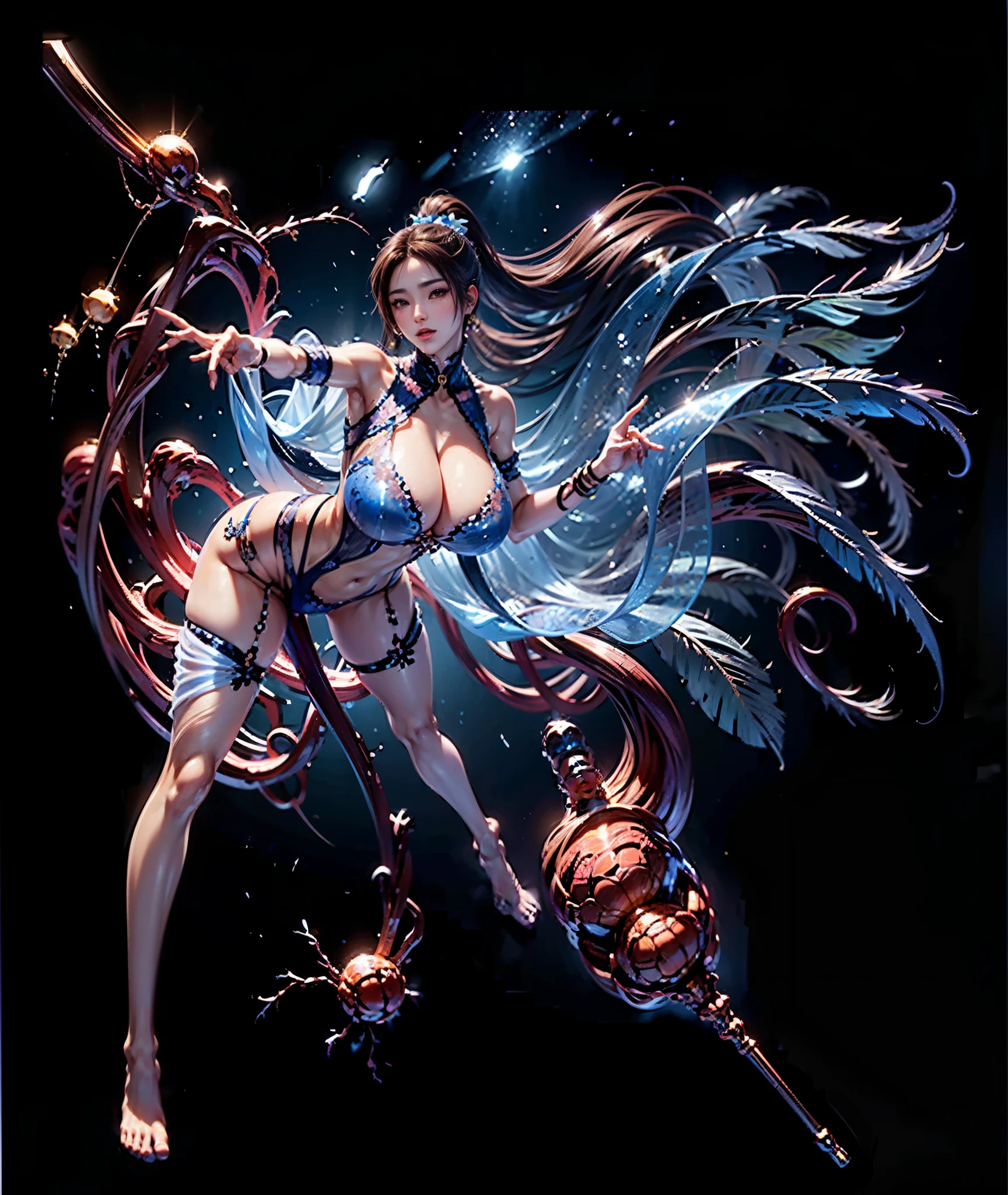 Replace the people in the picture，8k，ultra high resolution，ultra high definition，masterpiece，perfect face，supermodel，Delicate skin，[[[muscle]]]，high ponytail，huge breasts，(((Anatomically correct)))，