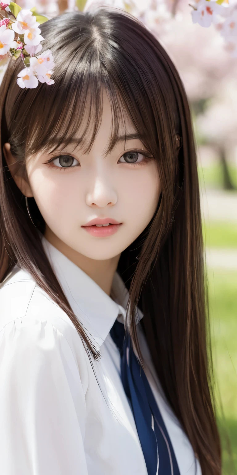 masterpiece、highest quality、High resolution、wallpaper、realistic、bright lighting、professional lighting、face light、smooth lighting、japanese woman、20-year-old、Beautiful woman、action、gravure、sexy、white men's collared shirt、super beautiful、beautiful skin、beautiful and detailed eyes、detailed face、slim、moderately、Beautiful long hair、brunette colored hair、dark brown eyes、look at the camera、Upper body、under the cherry tree